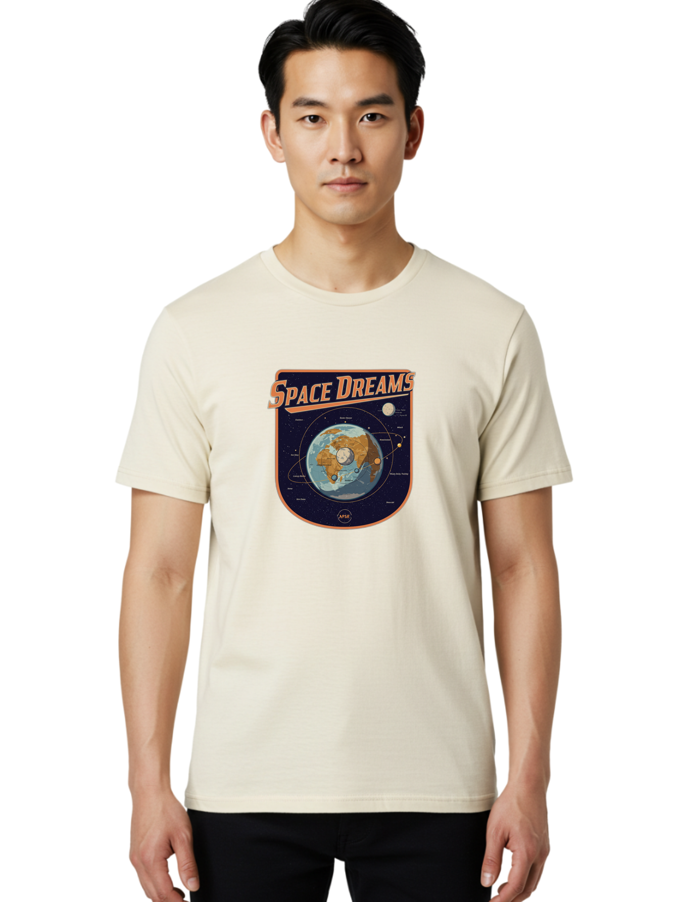 Space-Dreams-8 Men'S Graphic Tee, 100% Cotton, Comfortable Casual Summer Wear, Machine Washable, Space Dreams Poster, Satellite Orbits, Moon Phases, Earth From Space, Celestial Navigation, Astronomy Art, Vintage Style, Retro Futurism, Bad664