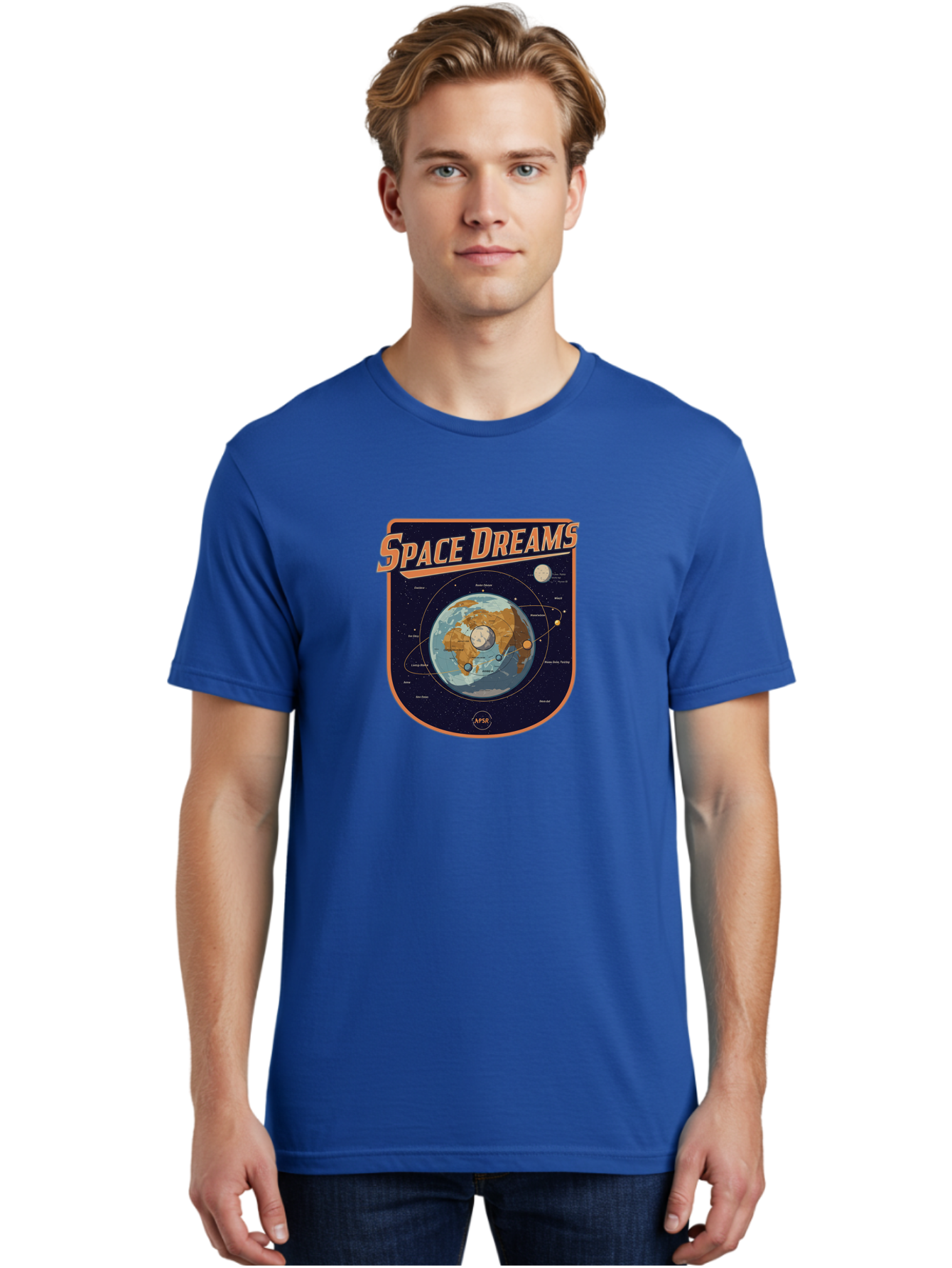 Space-Dreams-8 Men'S Graphic Tee, 100% Cotton, Comfortable Casual Summer Wear, Machine Washable, Space Dreams Poster, Satellite Orbits, Moon Phases, Earth From Space, Celestial Navigation, Astronomy Art, Vintage Style, Retro Futurism, Bad664