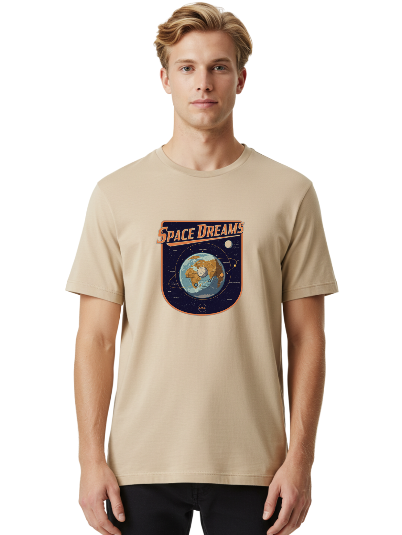 Space-Dreams-8 Men'S Graphic Tee, 100% Cotton, Comfortable Casual Summer Wear, Machine Washable, Space Dreams Poster, Satellite Orbits, Moon Phases, Earth From Space, Celestial Navigation, Astronomy Art, Vintage Style, Retro Futurism, Bad664