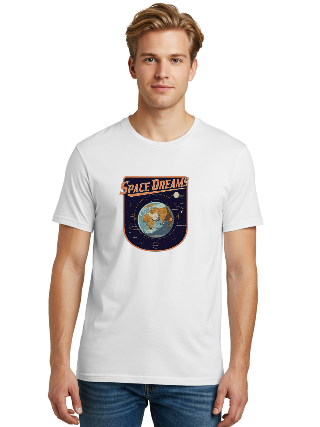 Space-Dreams-8 Men'S Graphic Tee, 100% Cotton, Comfortable Casual Summer Wear, Machine Washable, Space Dreams Poster, Satellite Orbits, Moon Phases, Earth From Space, Celestial Navigation, Astronomy Art, Vintage Style, Retro Futurism, Bad664