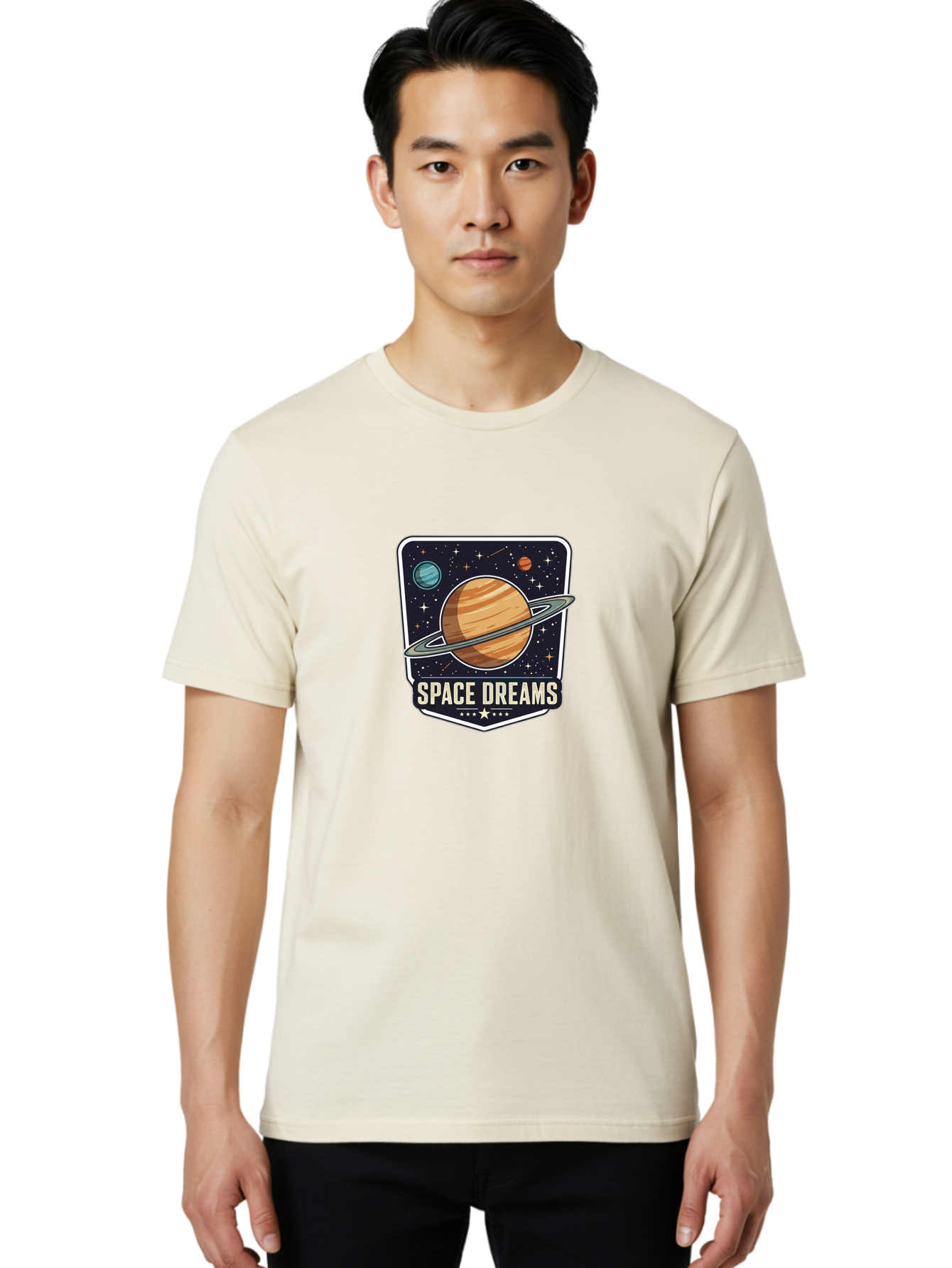 Space-Dreams Men'S Graphic Tee, 100% Cotton, Comfortable Casual Summer Wear, Machine Washable, Saturn Planet, Ringed Planet, Space Logo, Celestial Design, Astronomy, Planetary System, Stars, Cosmic Landscape, Science Fiction Bad665