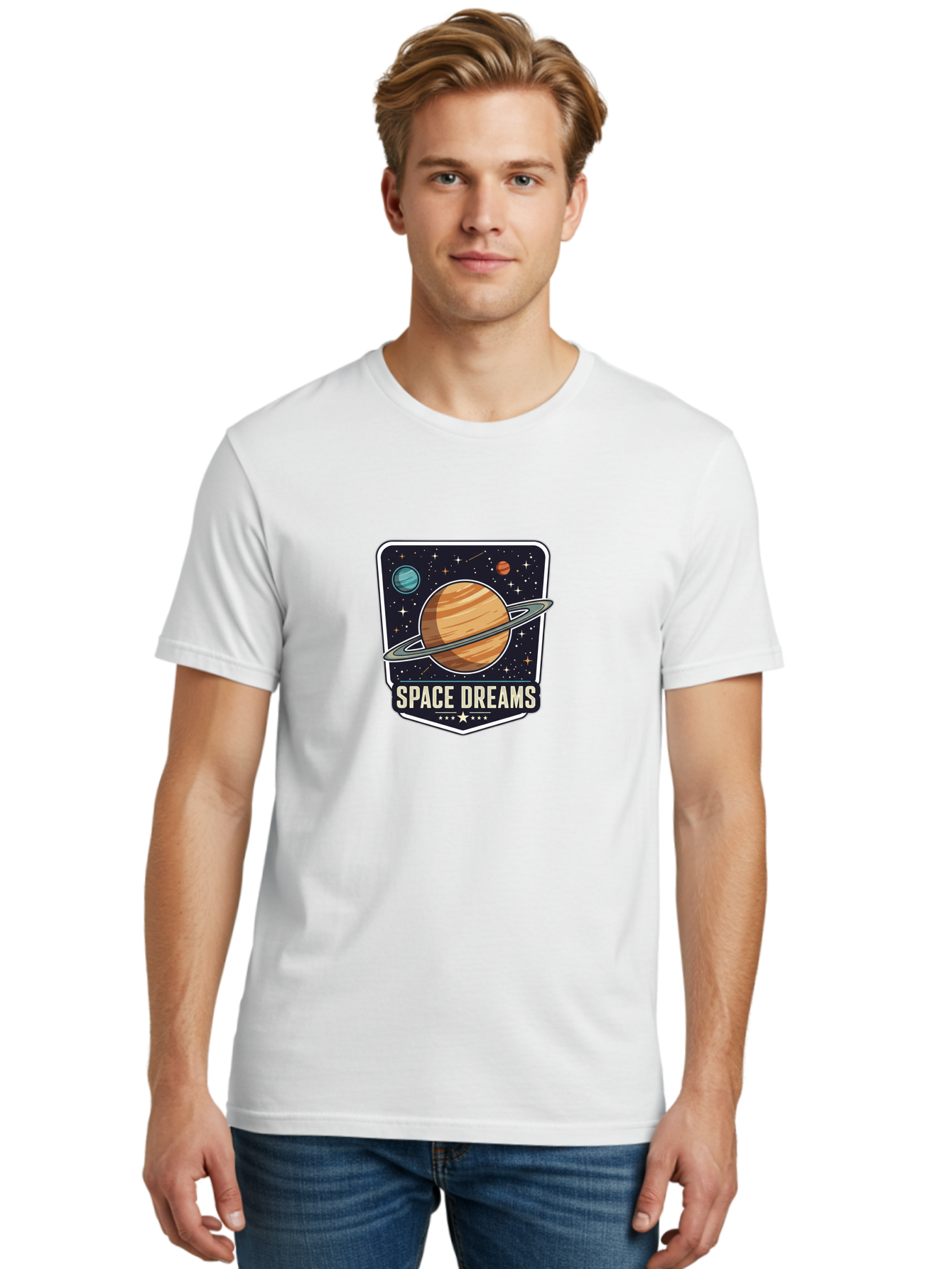 Space-Dreams Men'S Graphic Tee, 100% Cotton, Comfortable Casual Summer Wear, Machine Washable, Saturn Planet, Ringed Planet, Space Logo, Celestial Design, Astronomy, Planetary System, Stars, Cosmic Landscape, Science Fiction Bad665