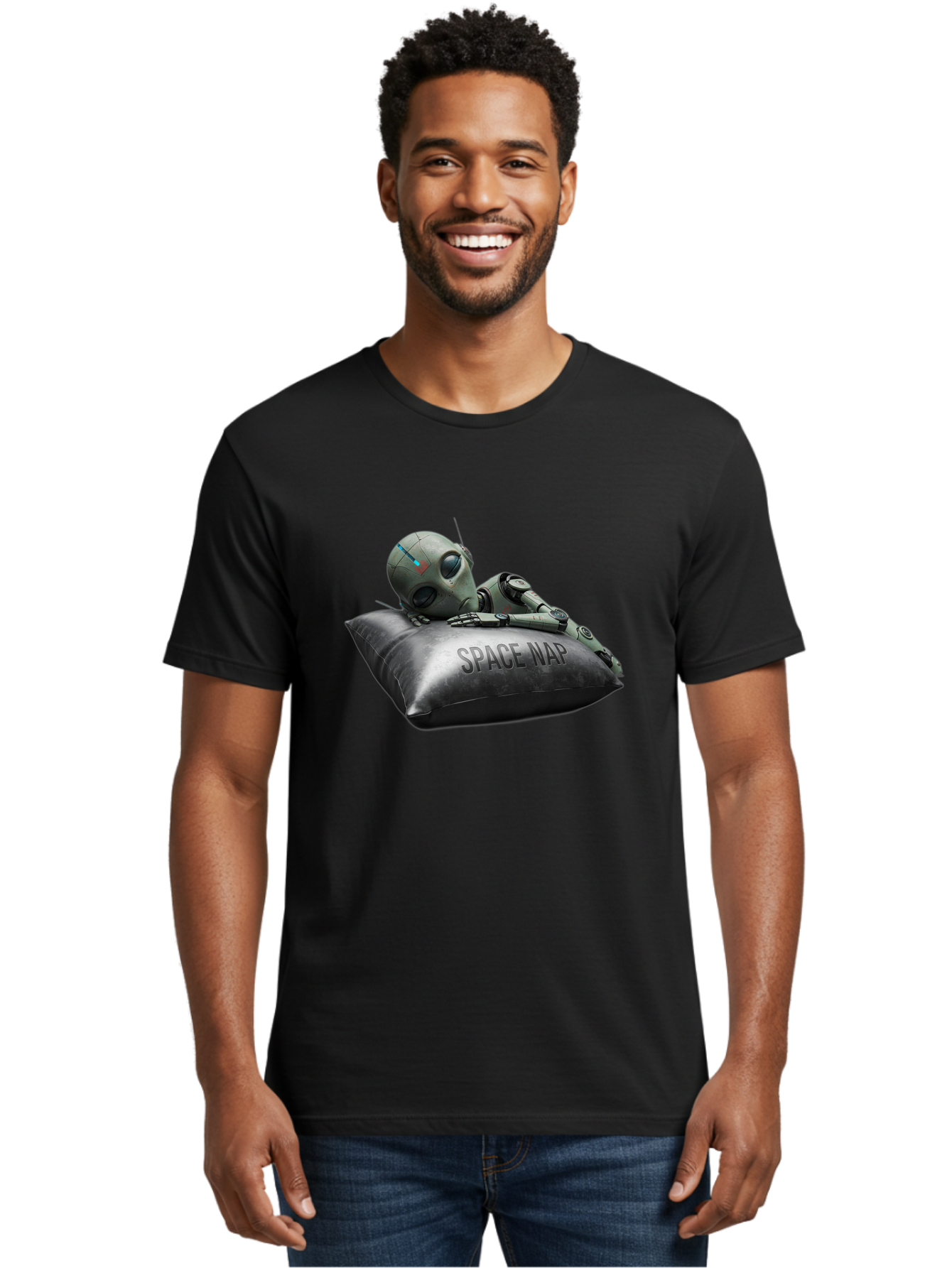 Space-Nap-1 Men'S Graphic Tee, 100% Cotton, Comfortable Casual Summer Wear, Machine Washable, Robot Sleeping, Space Nap, Futuristic Design, Metallic Surface, Robotic Relaxation, Digital Art, Sleeping Robot, Sci-Fi Concept, Futuristic Rest, Bad666