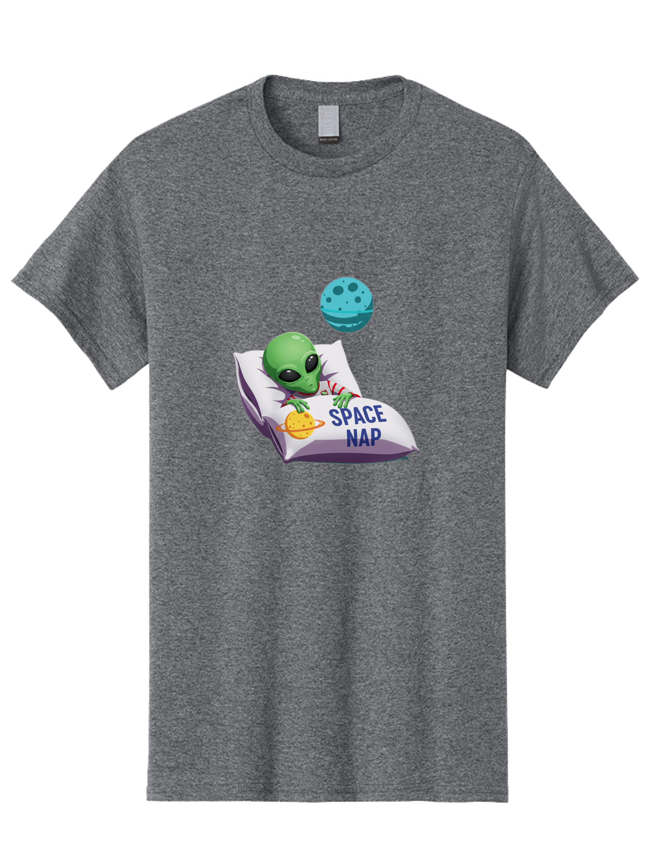 Space-Nap-2 Men'S Graphic Tee, 100% Cotton, Comfortable Casual Summer Wear, Machine Washable, Alien Sleeping, Cartoon Character, Space-Themed Pillow, Planetary Design, Relaxed Atmosphere, Extraterrestrial Being, Humorous Illustration, Bad667