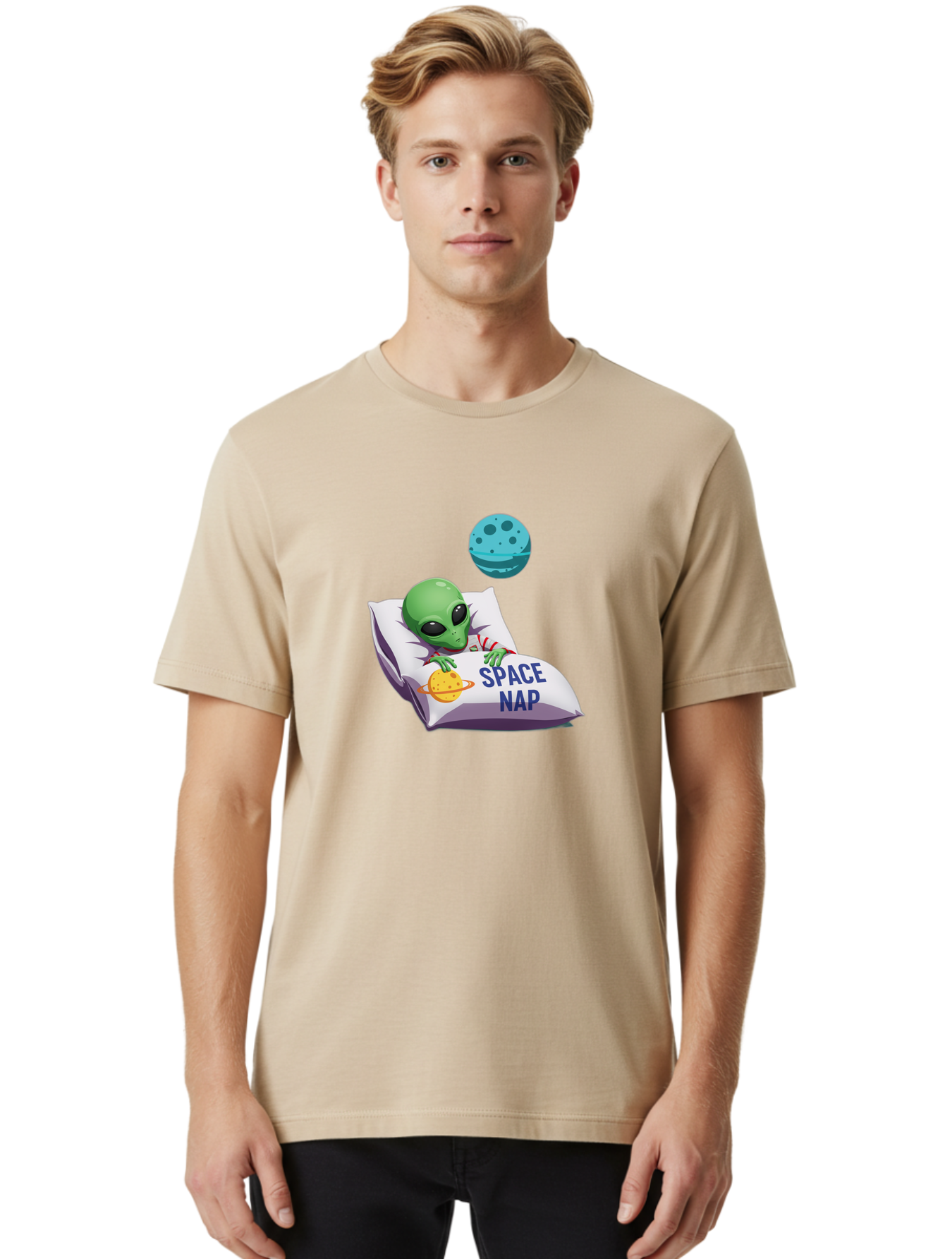 Space-Nap-2 Men'S Graphic Tee, 100% Cotton, Comfortable Casual Summer Wear, Machine Washable, Alien Sleeping, Cartoon Character, Space-Themed Pillow, Planetary Design, Relaxed Atmosphere, Extraterrestrial Being, Humorous Illustration, Bad667