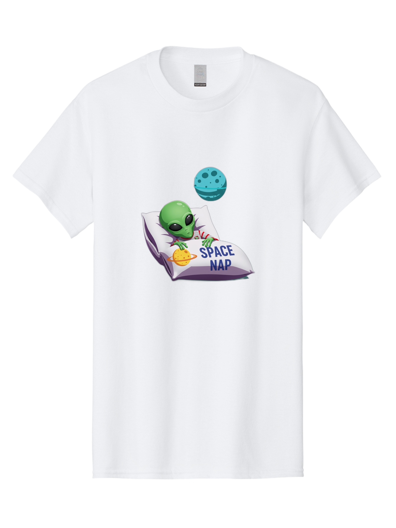 Space-Nap-2 Men'S Graphic Tee, 100% Cotton, Comfortable Casual Summer Wear, Machine Washable, Alien Sleeping, Cartoon Character, Space-Themed Pillow, Planetary Design, Relaxed Atmosphere, Extraterrestrial Being, Humorous Illustration, Bad667