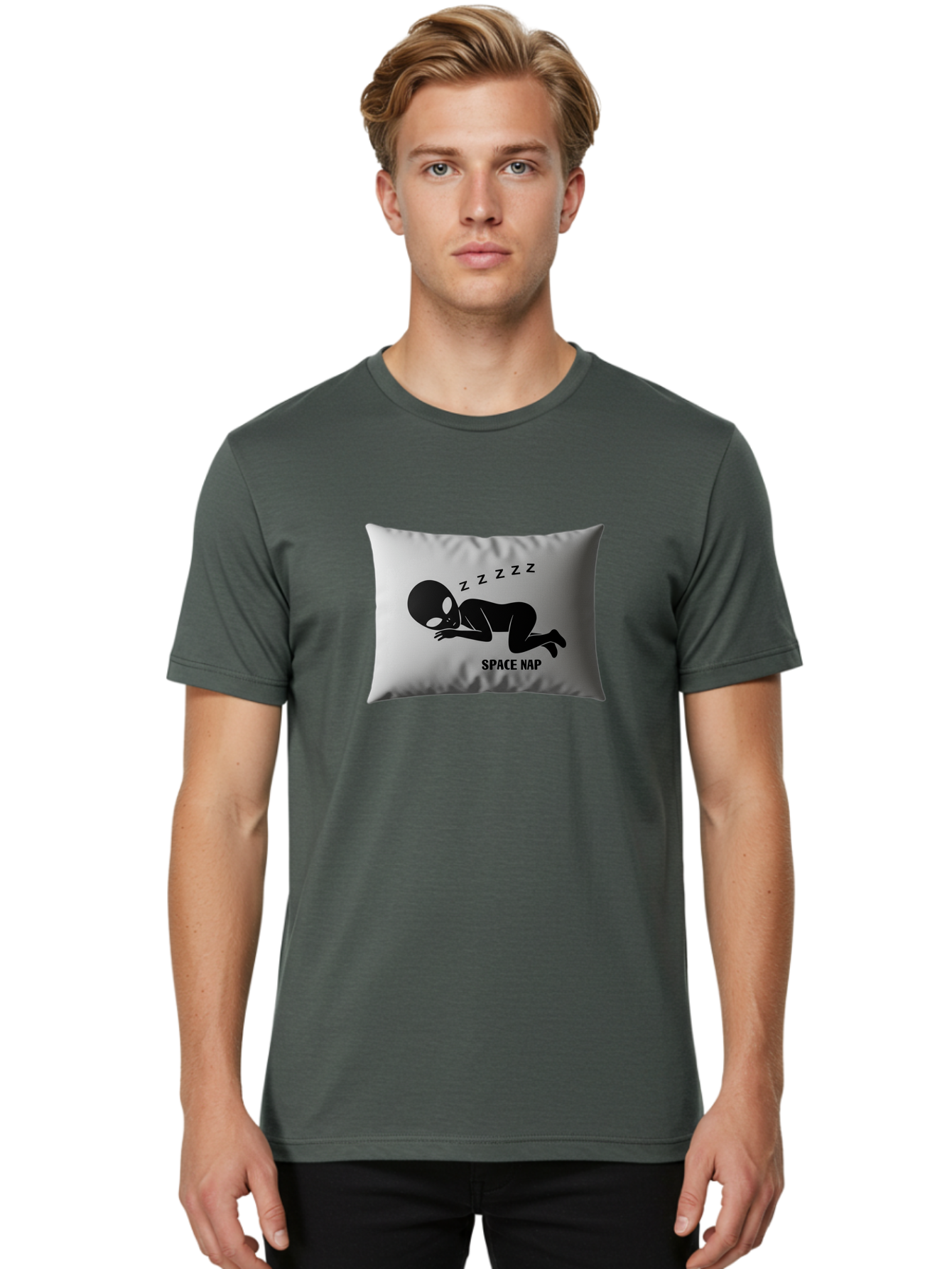 Space-Nap-3 Men'S Graphic Tee, 100% Cotton, Comfortable Casual Summer Wear, Machine Washable, Sleeping Alien, Pillow Design, Funny Gift, Alien Graphic, Space Humor, Zzz Symbol, Funny Pillow, Extraterrestrial Bad668