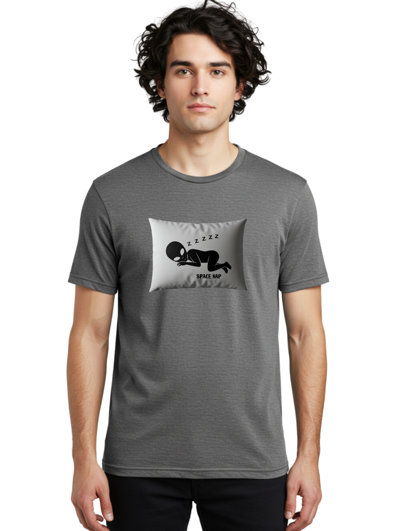 Space-Nap-3 Men'S Graphic Tee, 100% Cotton, Comfortable Casual Summer Wear, Machine Washable, Sleeping Alien, Pillow Design, Funny Gift, Alien Graphic, Space Humor, Zzz Symbol, Funny Pillow, Extraterrestrial Bad668
