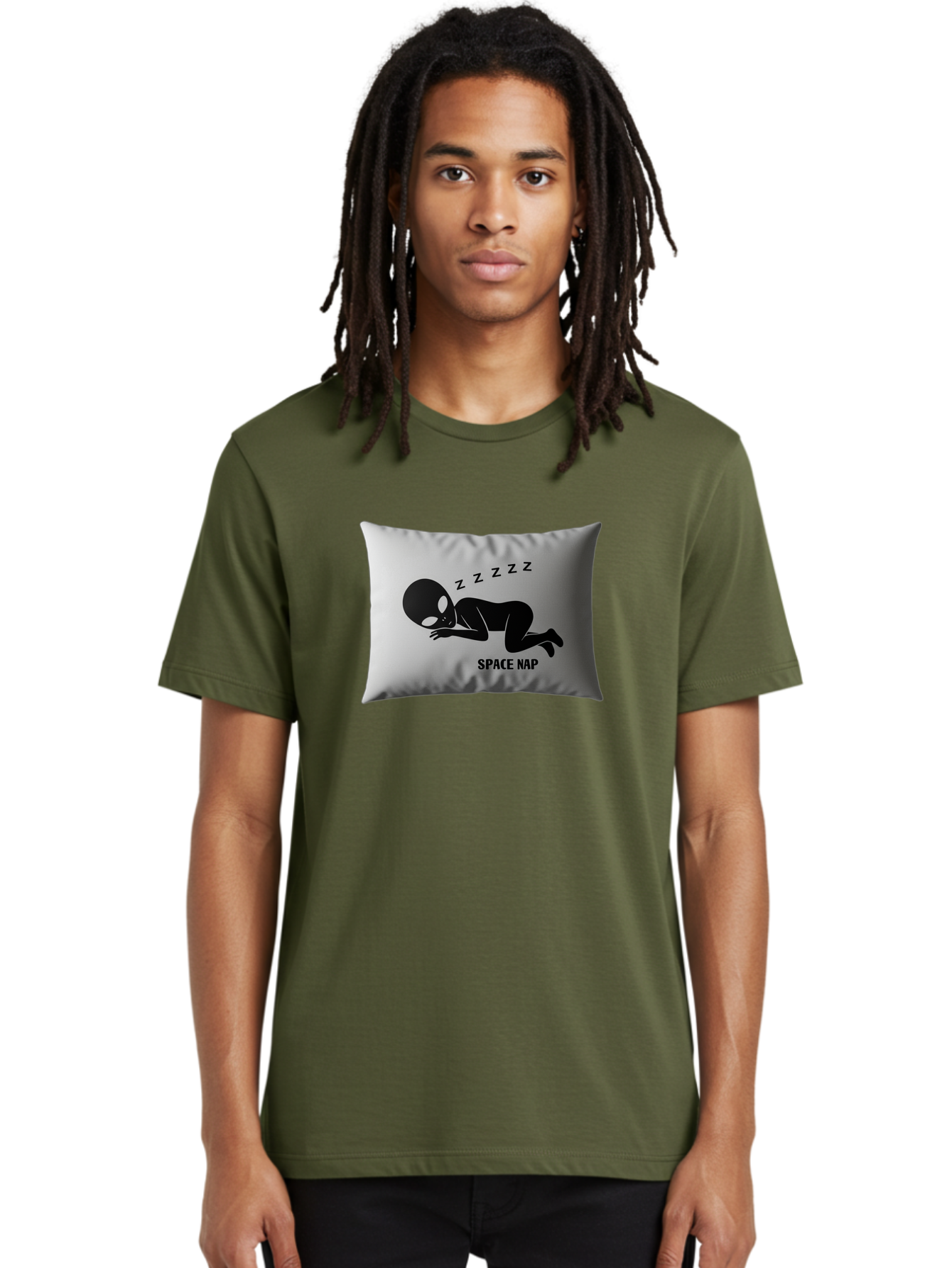 Space-Nap-3 Men'S Graphic Tee, 100% Cotton, Comfortable Casual Summer Wear, Machine Washable, Sleeping Alien, Pillow Design, Funny Gift, Alien Graphic, Space Humor, Zzz Symbol, Funny Pillow, Extraterrestrial Bad668