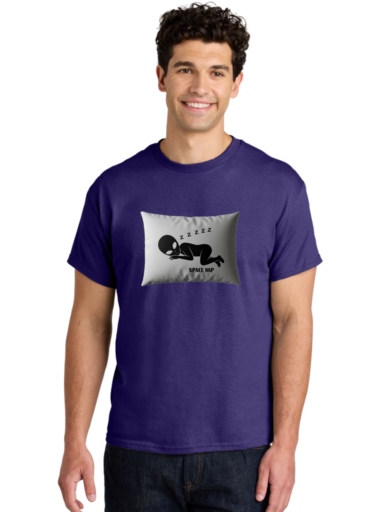 Space-Nap-3 Men'S Graphic Tee, 100% Cotton, Comfortable Casual Summer Wear, Machine Washable, Sleeping Alien, Pillow Design, Funny Gift, Alien Graphic, Space Humor, Zzz Symbol, Funny Pillow, Extraterrestrial Bad668