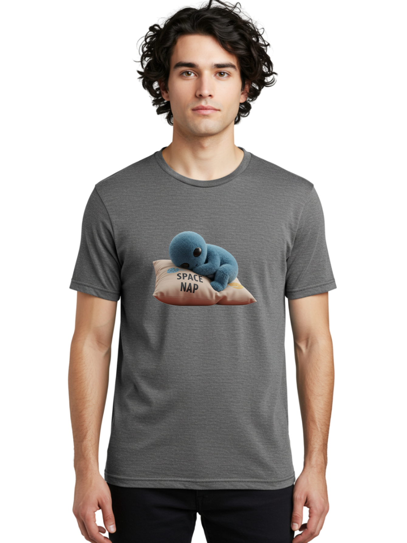 Space-Nap-4 Men'S Graphic Tee, 100% Cotton, Comfortable Casual Summer Wear, Machine Washable, Stuffed Alien, Space Nap, Sleeping On Pillow, Cute Plush Toy, Funny Meme, Cartoon Character, Adorable Creature, Resting In Space, Soft And Cuddly, Bad669