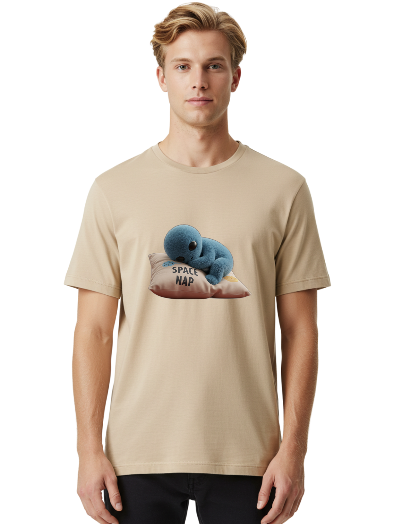 Space-Nap-4 Men'S Graphic Tee, 100% Cotton, Comfortable Casual Summer Wear, Machine Washable, Stuffed Alien, Space Nap, Sleeping On Pillow, Cute Plush Toy, Funny Meme, Cartoon Character, Adorable Creature, Resting In Space, Soft And Cuddly, Bad669