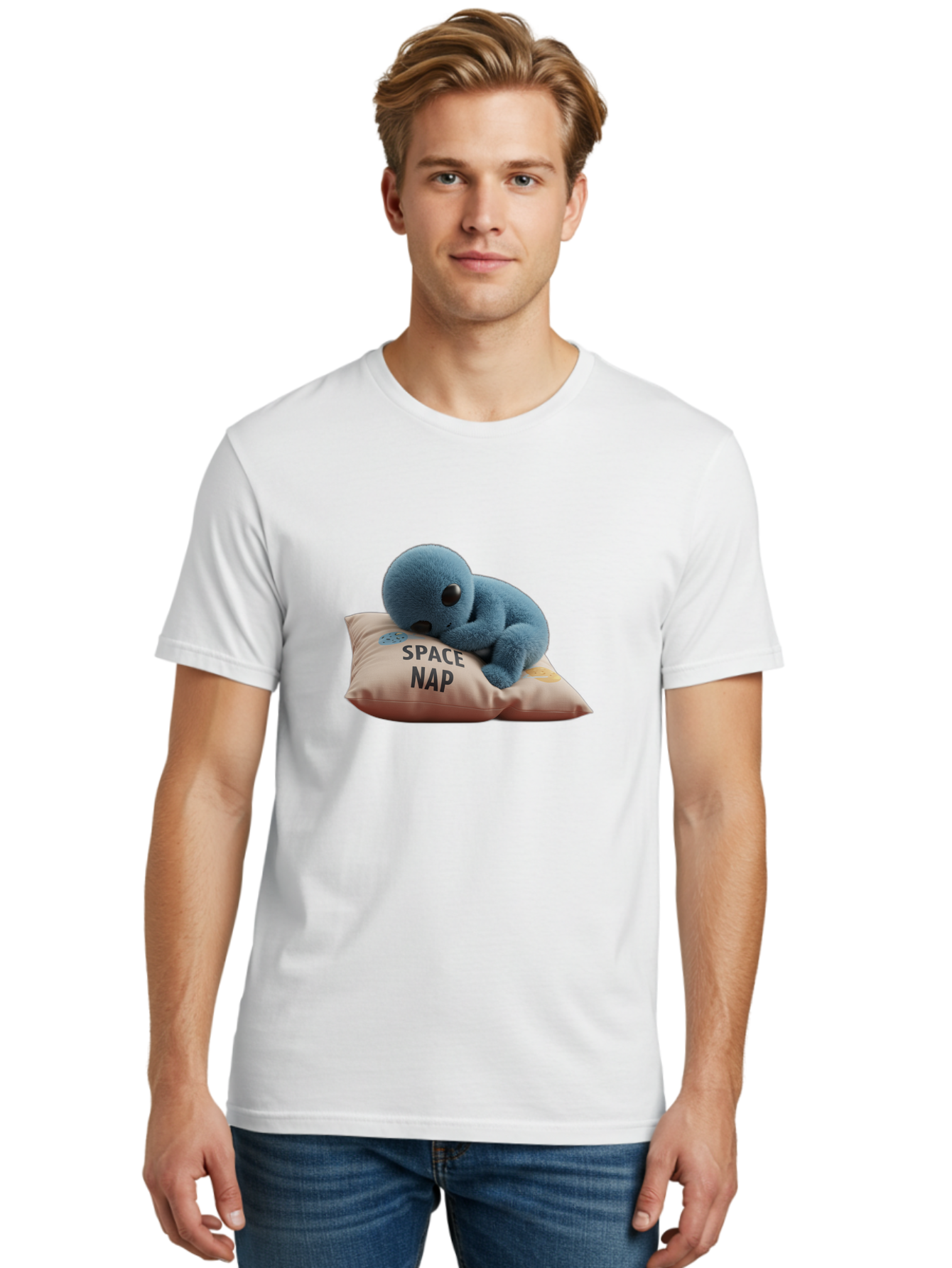 Space-Nap-4 Men'S Graphic Tee, 100% Cotton, Comfortable Casual Summer Wear, Machine Washable, Stuffed Alien, Space Nap, Sleeping On Pillow, Cute Plush Toy, Funny Meme, Cartoon Character, Adorable Creature, Resting In Space, Soft And Cuddly, Bad669