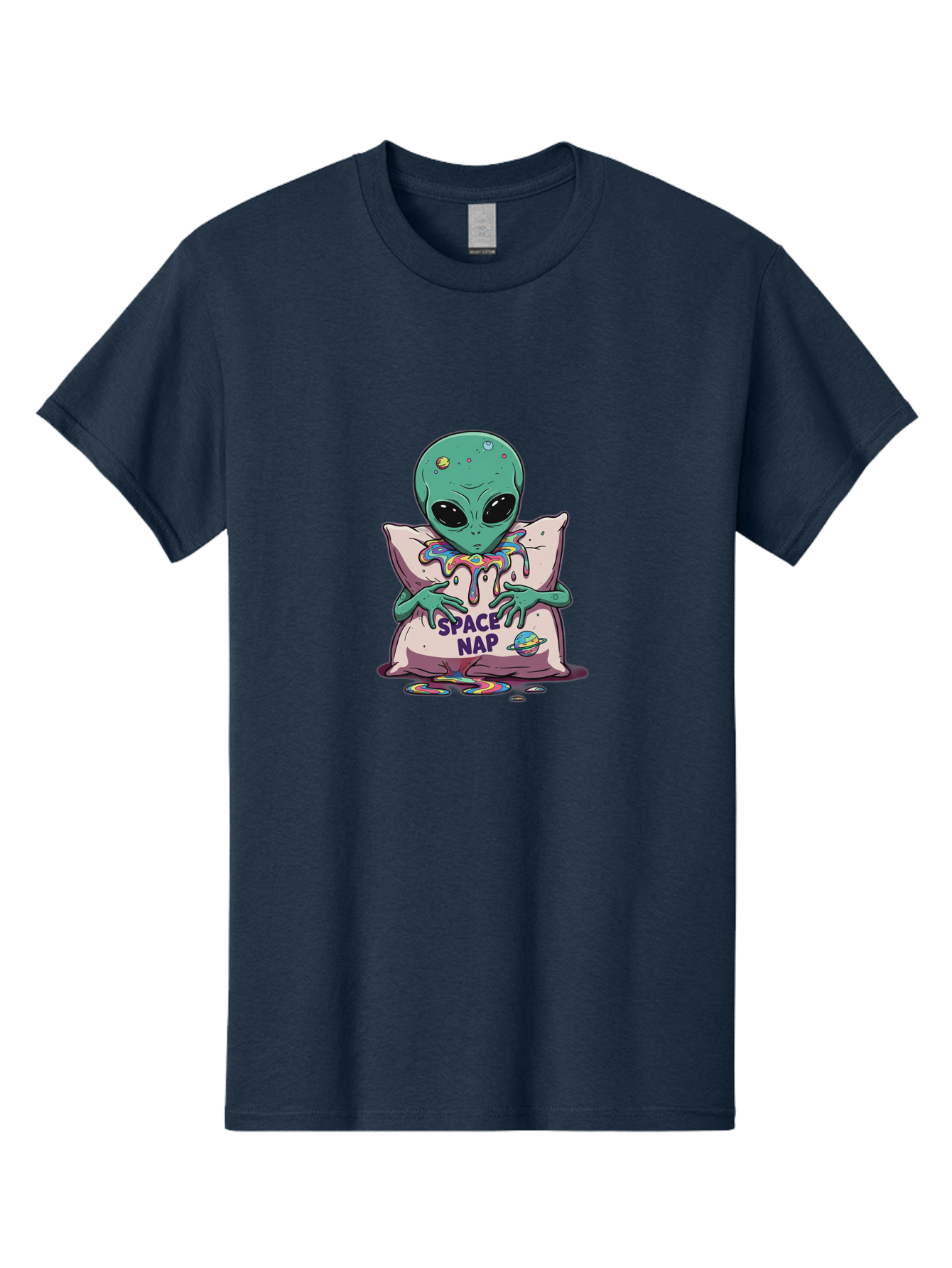 Space-Nap-5 Men'S Graphic Tee, 100% Cotton, Comfortable Casual Summer Wear, Machine Washable, Alien Resting On Pillow, Rainbow Slime, Galaxy Theme, Extraterrestrial Being, Cute Cartoon Character, Humorous Illustration, Space Nap, Bad670