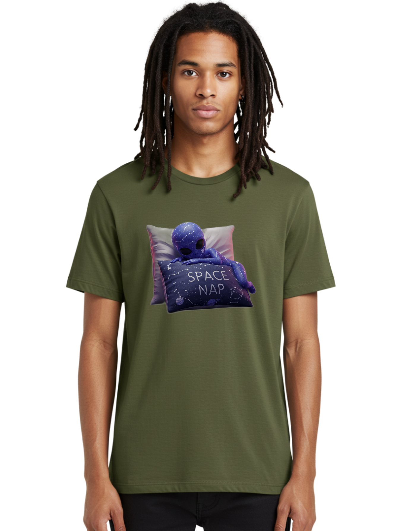 Space-Nap-7 Men'S Graphic Tee, 100% Cotton, Comfortable Casual Summer Wear, Machine Washable, Purple Alien Doll, Sleeping On Pillows, Galaxy-Themed Pillowcase, Cute Extraterrestrial, Space-Themed Decor, Constellations, Stars, Planets, Bad672