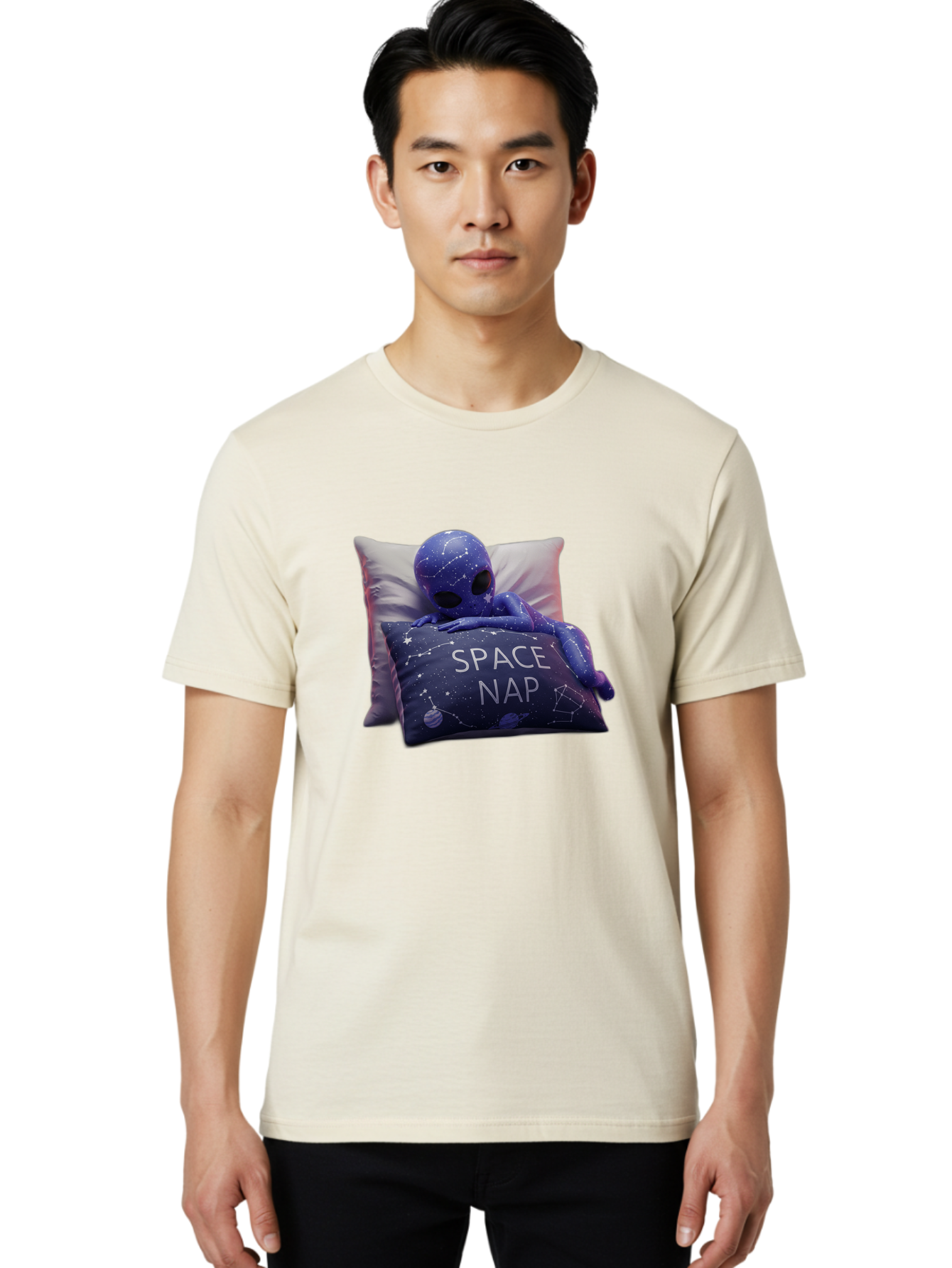 Space-Nap-7 Men'S Graphic Tee, 100% Cotton, Comfortable Casual Summer Wear, Machine Washable, Purple Alien Doll, Sleeping On Pillows, Galaxy-Themed Pillowcase, Cute Extraterrestrial, Space-Themed Decor, Constellations, Stars, Planets, Bad672