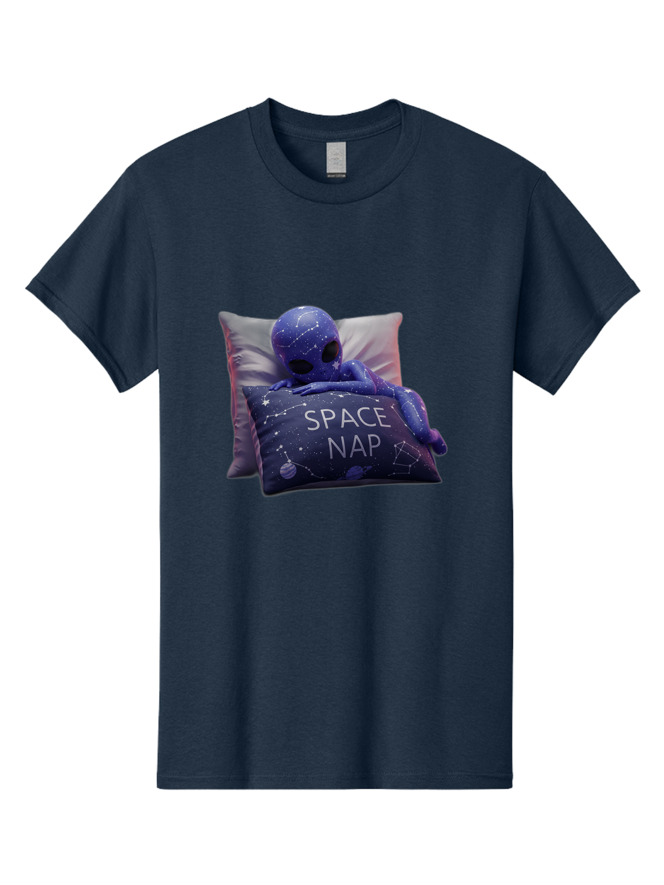 Space-Nap-7 Men'S Graphic Tee, 100% Cotton, Comfortable Casual Summer Wear, Machine Washable, Purple Alien Doll, Sleeping On Pillows, Galaxy-Themed Pillowcase, Cute Extraterrestrial, Space-Themed Decor, Constellations, Stars, Planets, Bad672