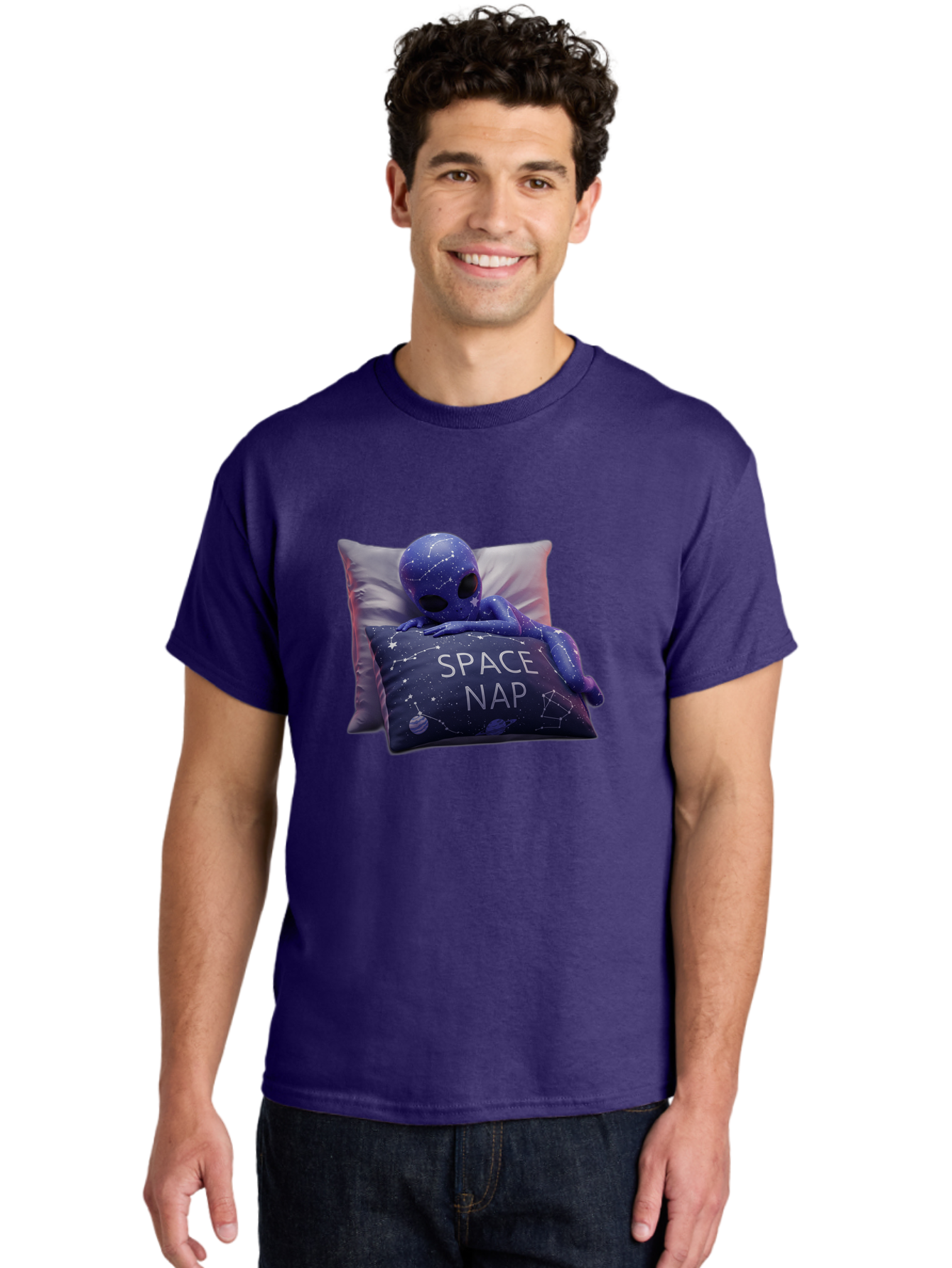 Space-Nap-7 Men'S Graphic Tee, 100% Cotton, Comfortable Casual Summer Wear, Machine Washable, Purple Alien Doll, Sleeping On Pillows, Galaxy-Themed Pillowcase, Cute Extraterrestrial, Space-Themed Decor, Constellations, Stars, Planets, Bad672