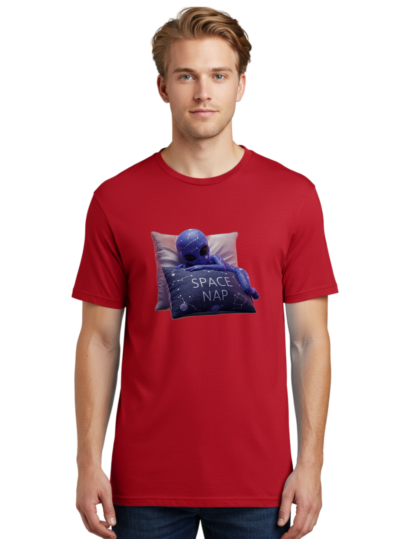 Space-Nap-7 Men'S Graphic Tee, 100% Cotton, Comfortable Casual Summer Wear, Machine Washable, Purple Alien Doll, Sleeping On Pillows, Galaxy-Themed Pillowcase, Cute Extraterrestrial, Space-Themed Decor, Constellations, Stars, Planets, Bad672
