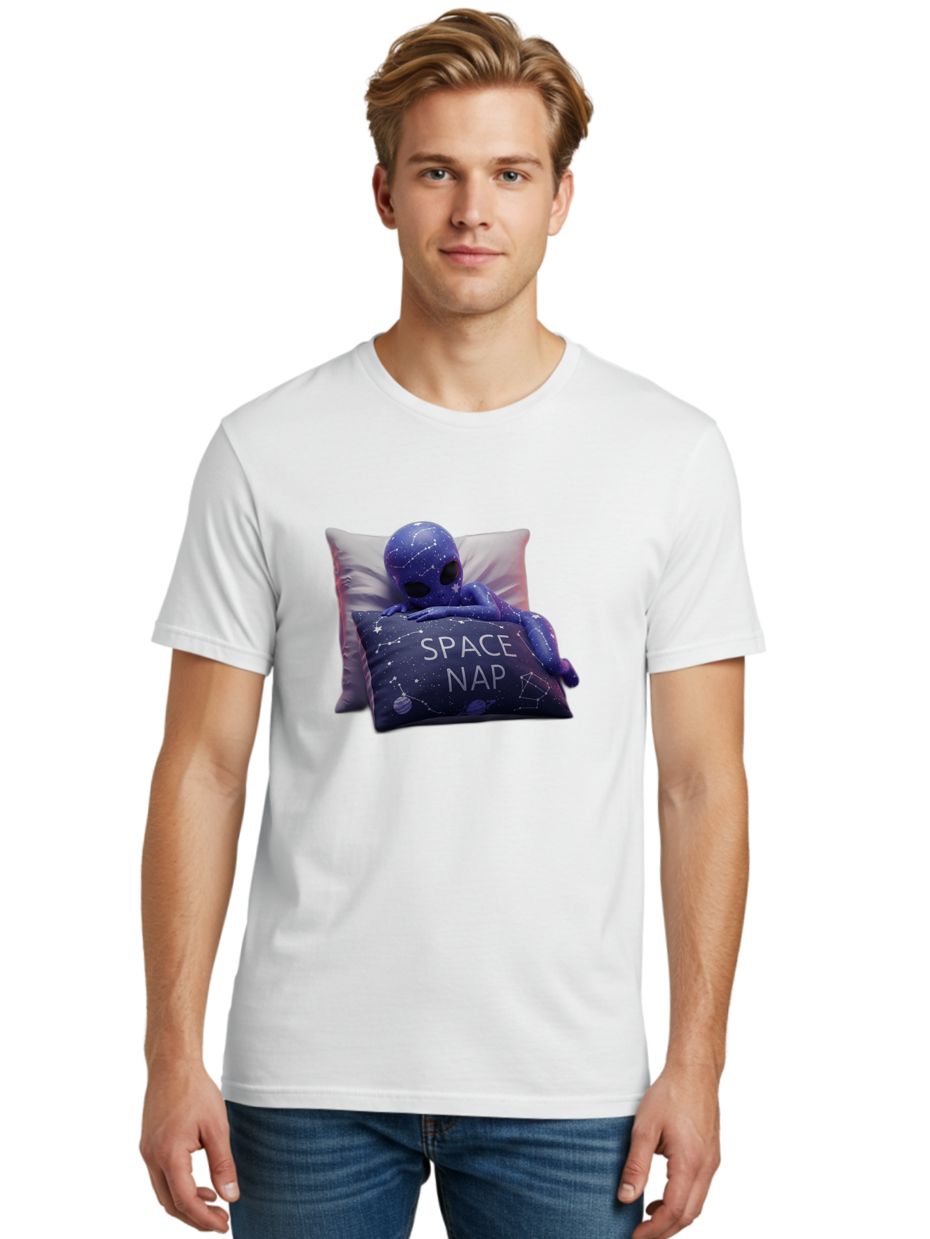Space-Nap-7 Men'S Graphic Tee, 100% Cotton, Comfortable Casual Summer Wear, Machine Washable, Purple Alien Doll, Sleeping On Pillows, Galaxy-Themed Pillowcase, Cute Extraterrestrial, Space-Themed Decor, Constellations, Stars, Planets, Bad672
