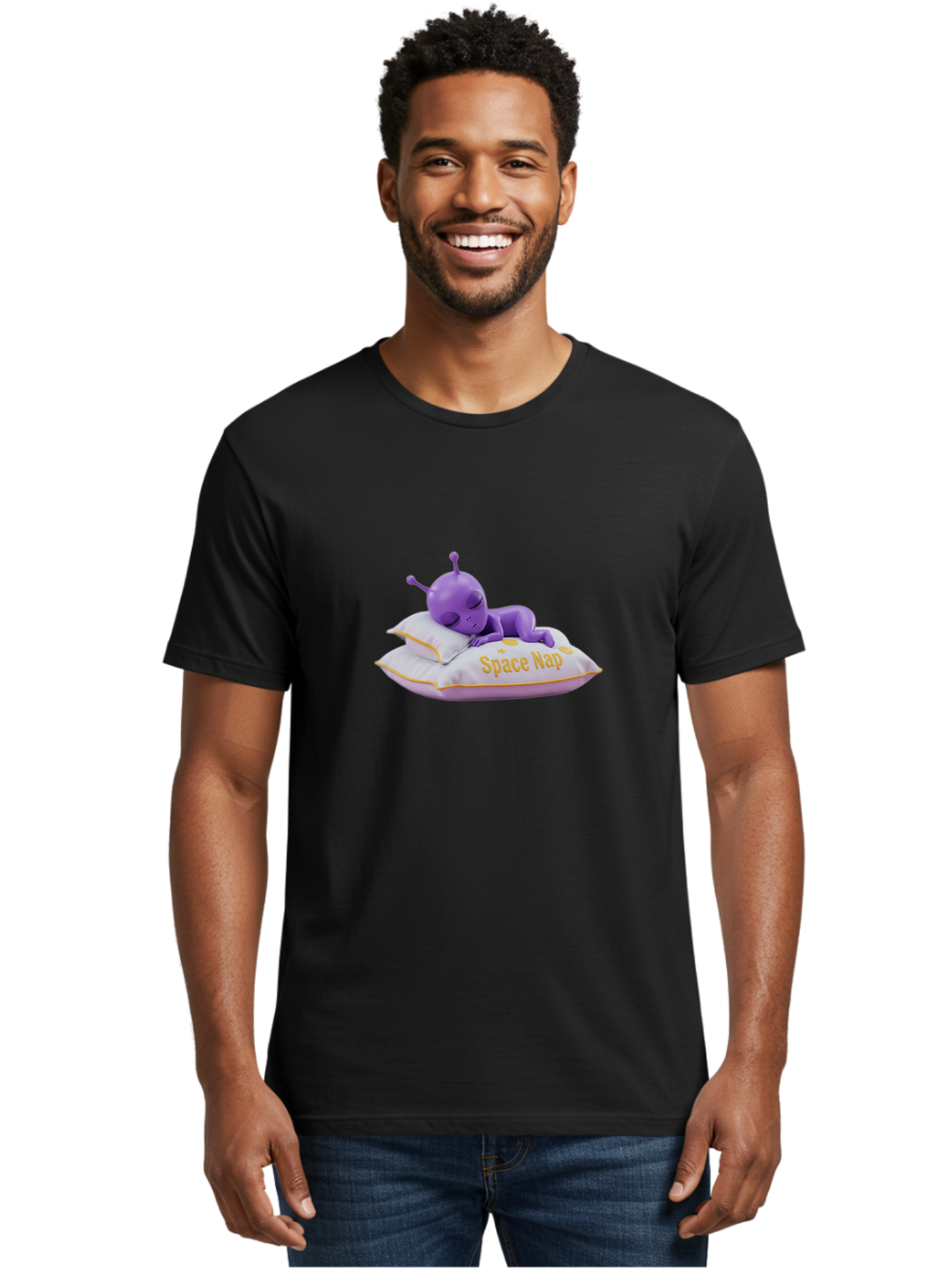 Space-Nap Men'S Graphic Tee, 100% Cotton, Comfortable Casual Summer Wear, Machine Washable, Purple Alien Sleeping On Pillow, Space Nap, Cartoon Character, 3D Illustration, Funny Alien, Resting In Space, Cute Extraterrestrial, Bad673