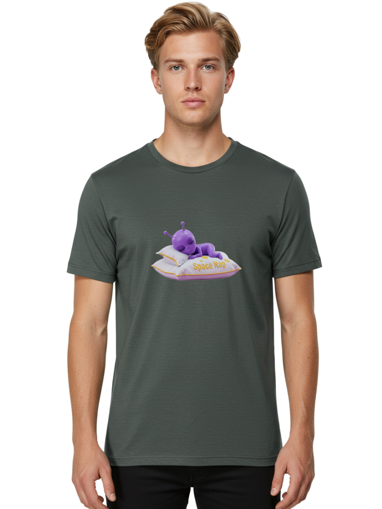 Space-Nap Men'S Graphic Tee, 100% Cotton, Comfortable Casual Summer Wear, Machine Washable, Purple Alien Sleeping On Pillow, Space Nap, Cartoon Character, 3D Illustration, Funny Alien, Resting In Space, Cute Extraterrestrial, Bad673