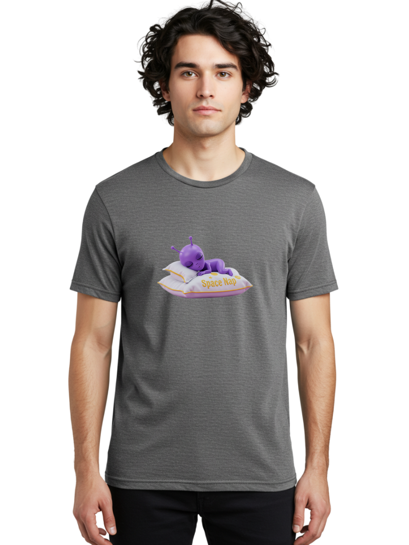 Space-Nap Men'S Graphic Tee, 100% Cotton, Comfortable Casual Summer Wear, Machine Washable, Purple Alien Sleeping On Pillow, Space Nap, Cartoon Character, 3D Illustration, Funny Alien, Resting In Space, Cute Extraterrestrial, Bad673