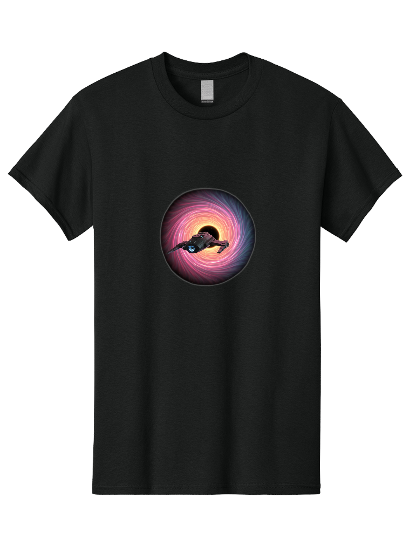 Spaceship-Flying-Into-Swirling-Vortex Men'S Graphic Tee, 100% Cotton, Comfortable Casual Summer Wear, Machine Washable, Spaceship In A Vortex, Black Hole, Pink And Purple Swirl, Sci-Fi Scene, Futuristic, Space Travel, Intergalactic Journey, Bad675
