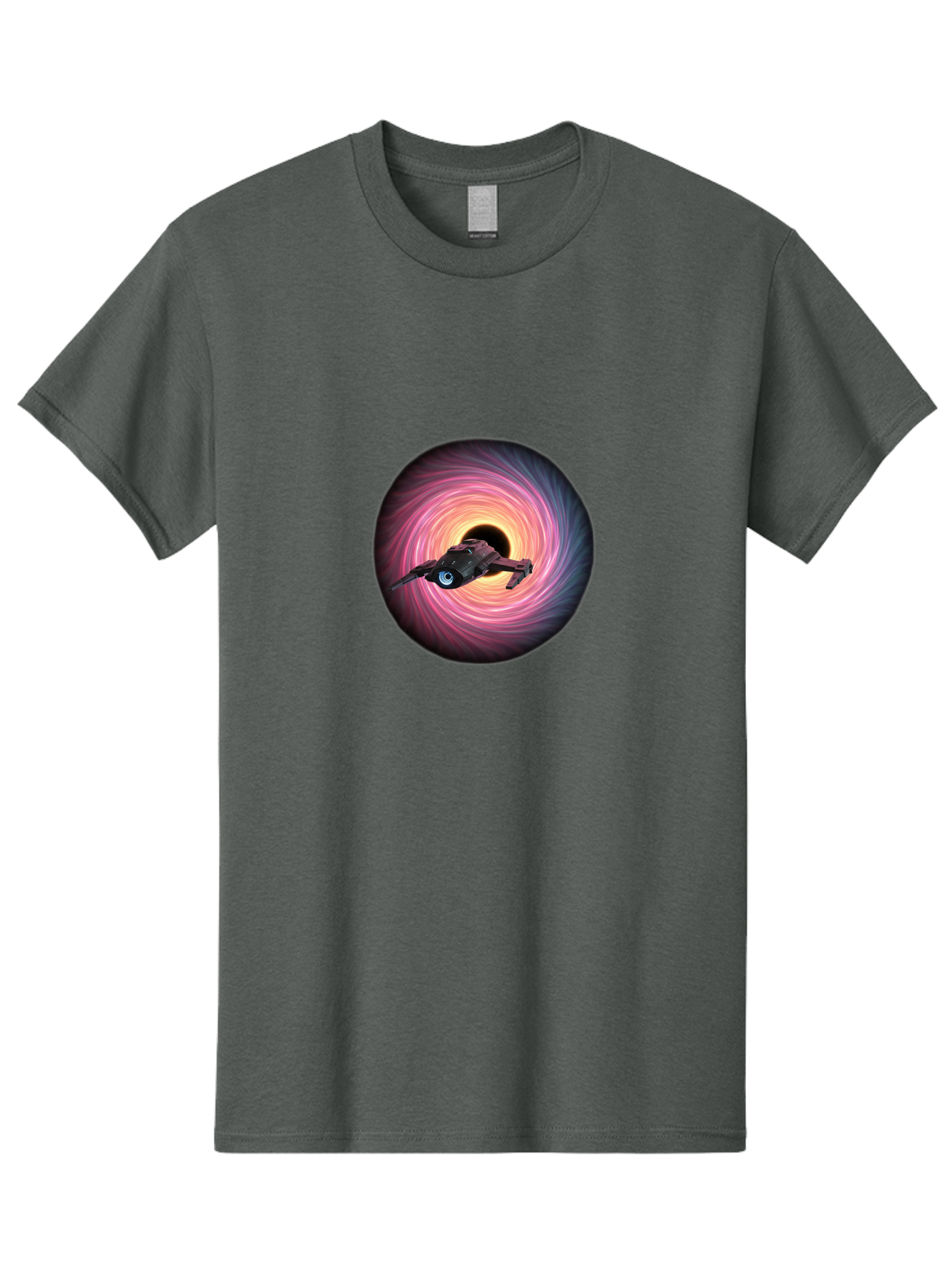 Spaceship-Flying-Into-Swirling-Vortex Men'S Graphic Tee, 100% Cotton, Comfortable Casual Summer Wear, Machine Washable, Spaceship In A Vortex, Black Hole, Pink And Purple Swirl, Sci-Fi Scene, Futuristic, Space Travel, Intergalactic Journey, Bad675
