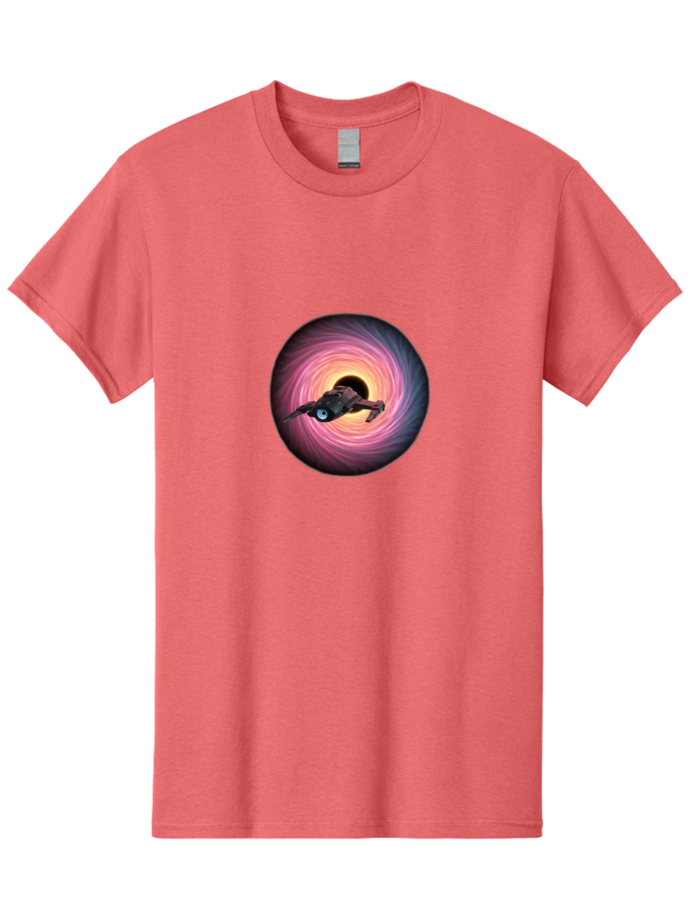 Spaceship-Flying-Into-Swirling-Vortex Men'S Graphic Tee, 100% Cotton, Comfortable Casual Summer Wear, Machine Washable, Spaceship In A Vortex, Black Hole, Pink And Purple Swirl, Sci-Fi Scene, Futuristic, Space Travel, Intergalactic Journey, Bad675