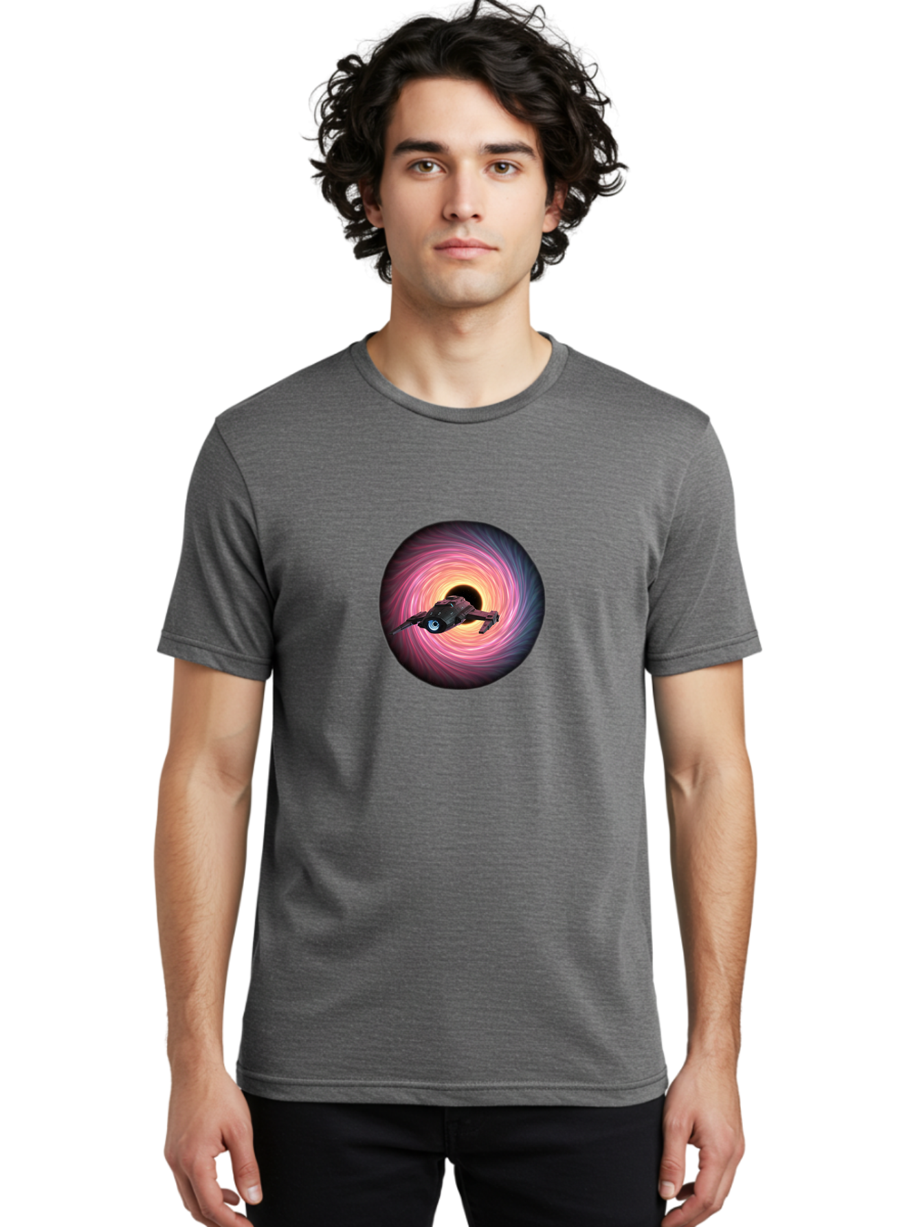 Spaceship-Flying-Into-Swirling-Vortex Men'S Graphic Tee, 100% Cotton, Comfortable Casual Summer Wear, Machine Washable, Spaceship In A Vortex, Black Hole, Pink And Purple Swirl, Sci-Fi Scene, Futuristic, Space Travel, Intergalactic Journey, Bad675
