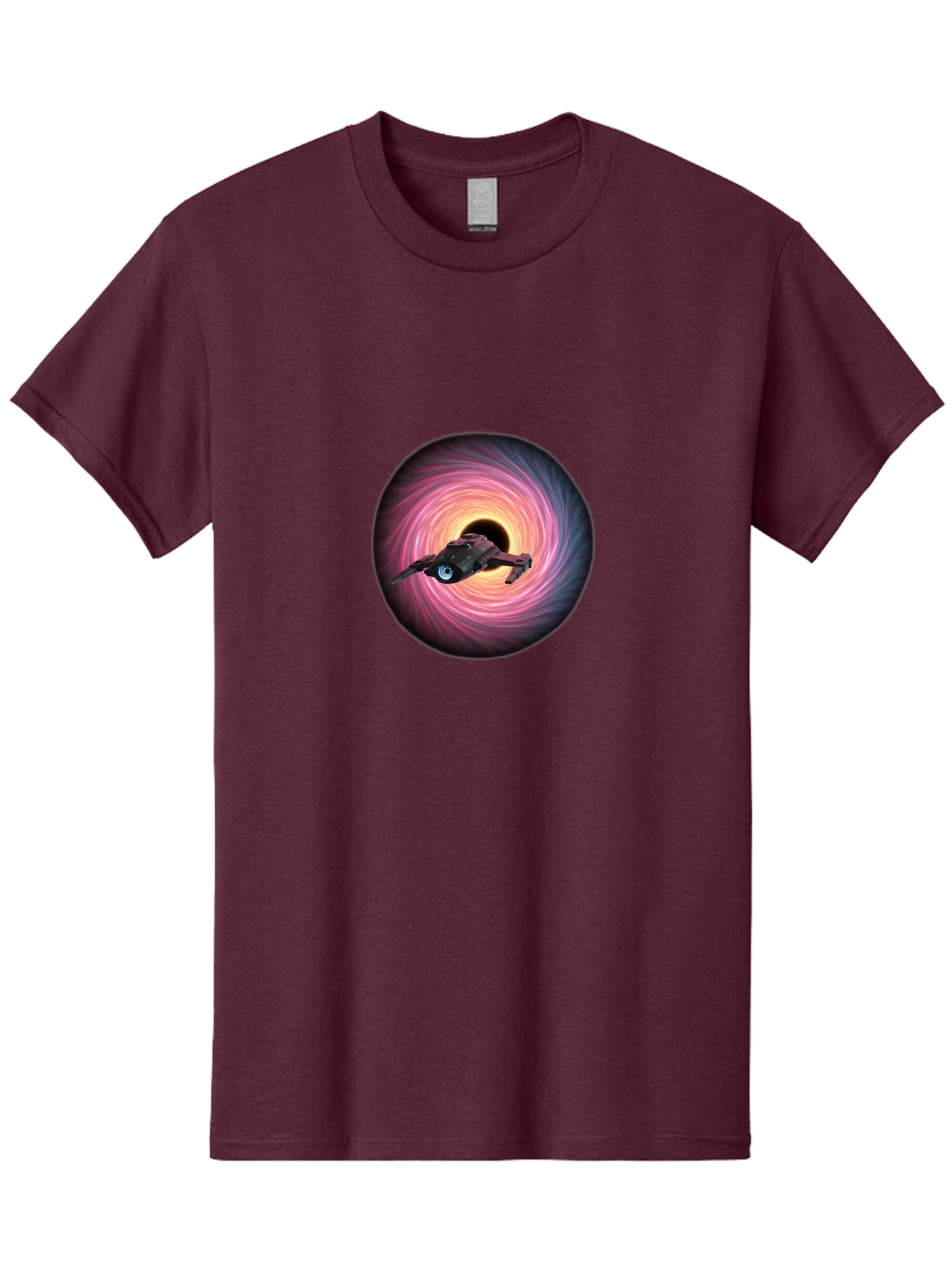 Spaceship-Flying-Into-Swirling-Vortex Men'S Graphic Tee, 100% Cotton, Comfortable Casual Summer Wear, Machine Washable, Spaceship In A Vortex, Black Hole, Pink And Purple Swirl, Sci-Fi Scene, Futuristic, Space Travel, Intergalactic Journey, Bad675