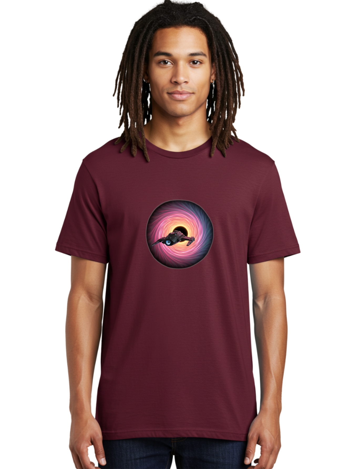 Spaceship-Flying-Into-Swirling-Vortex Men'S Graphic Tee, 100% Cotton, Comfortable Casual Summer Wear, Machine Washable, Spaceship In A Vortex, Black Hole, Pink And Purple Swirl, Sci-Fi Scene, Futuristic, Space Travel, Intergalactic Journey, Bad675