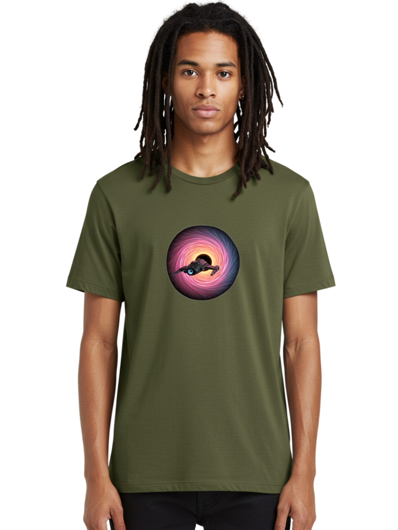 Spaceship-Flying-Into-Swirling-Vortex Men'S Graphic Tee, 100% Cotton, Comfortable Casual Summer Wear, Machine Washable, Spaceship In A Vortex, Black Hole, Pink And Purple Swirl, Sci-Fi Scene, Futuristic, Space Travel, Intergalactic Journey, Bad675
