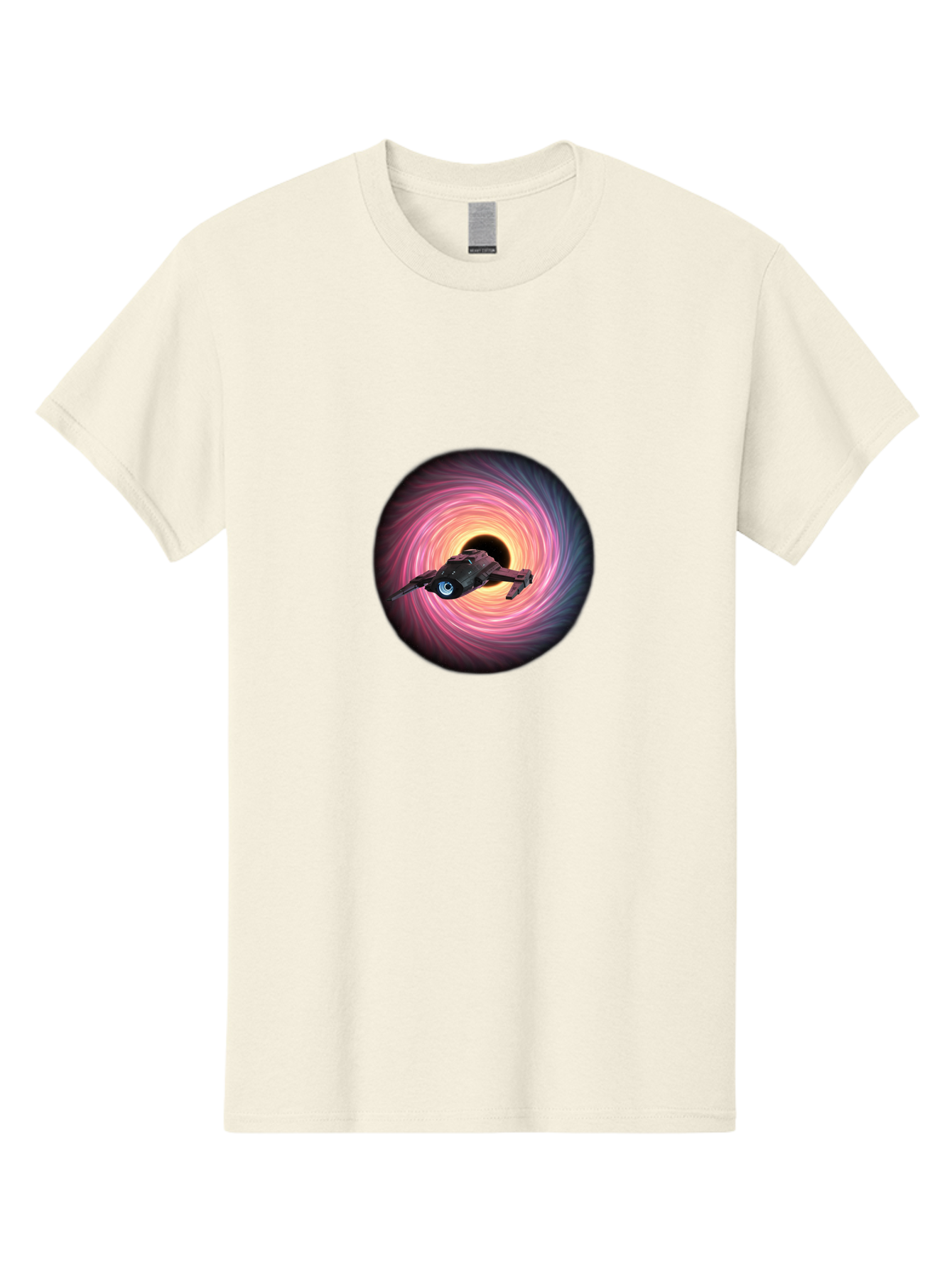 Spaceship-Flying-Into-Swirling-Vortex Men'S Graphic Tee, 100% Cotton, Comfortable Casual Summer Wear, Machine Washable, Spaceship In A Vortex, Black Hole, Pink And Purple Swirl, Sci-Fi Scene, Futuristic, Space Travel, Intergalactic Journey, Bad675