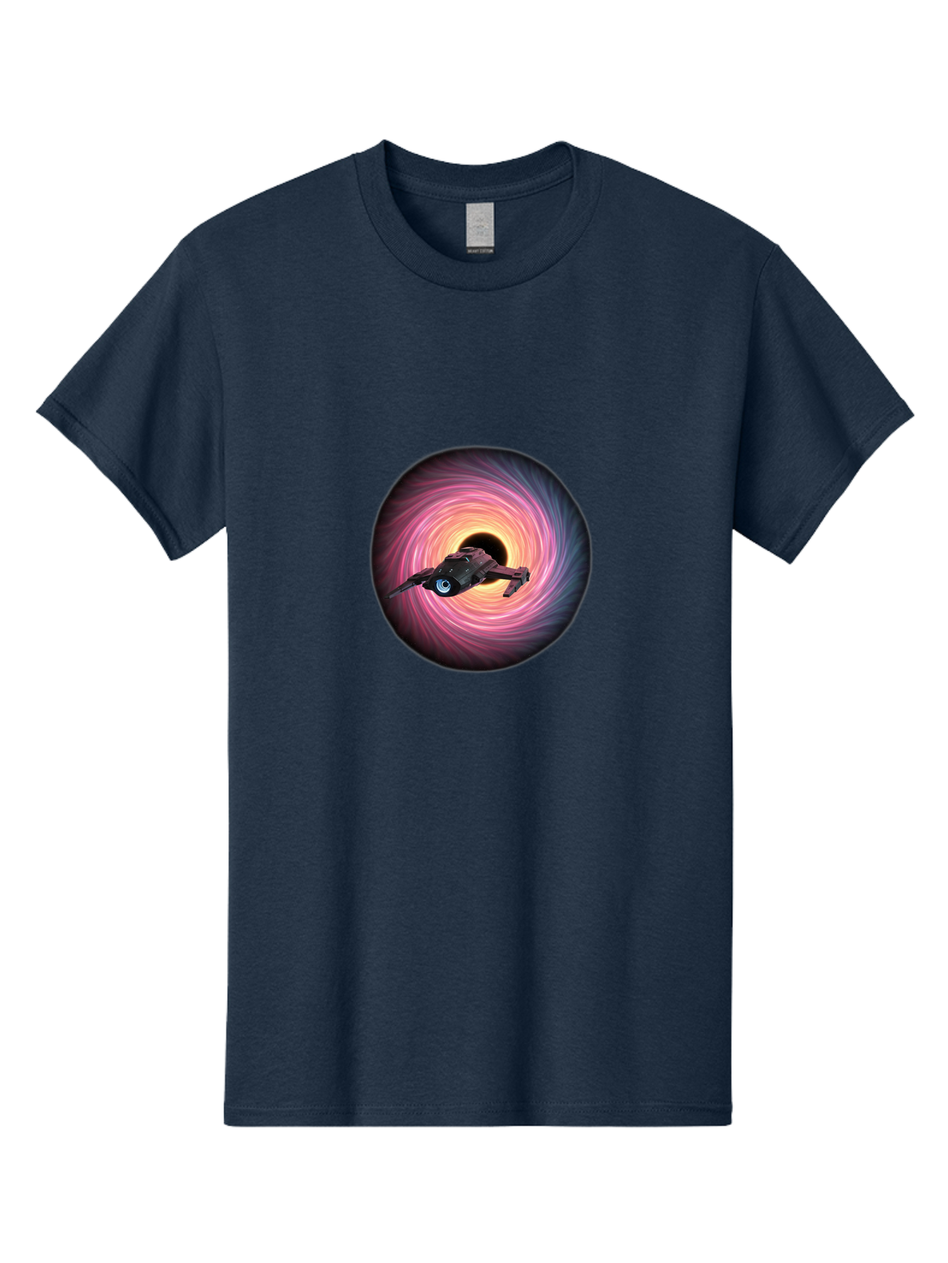 Spaceship-Flying-Into-Swirling-Vortex Men'S Graphic Tee, 100% Cotton, Comfortable Casual Summer Wear, Machine Washable, Spaceship In A Vortex, Black Hole, Pink And Purple Swirl, Sci-Fi Scene, Futuristic, Space Travel, Intergalactic Journey, Bad675