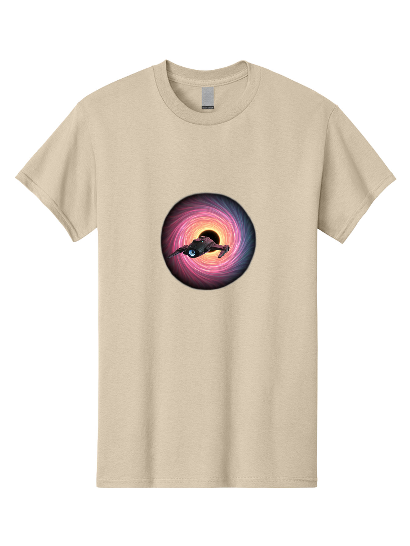 Spaceship-Flying-Into-Swirling-Vortex Men'S Graphic Tee, 100% Cotton, Comfortable Casual Summer Wear, Machine Washable, Spaceship In A Vortex, Black Hole, Pink And Purple Swirl, Sci-Fi Scene, Futuristic, Space Travel, Intergalactic Journey, Bad675
