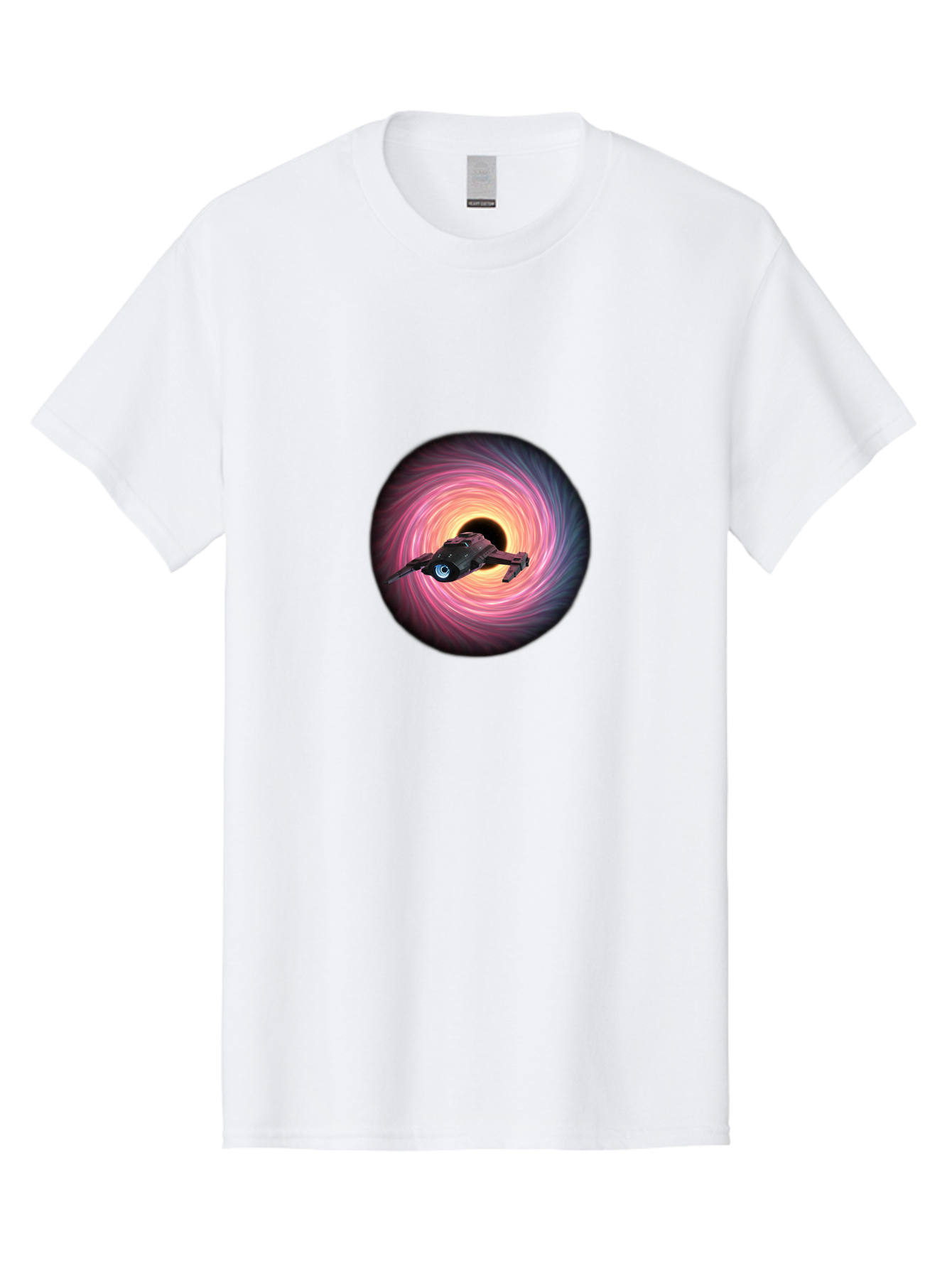 Spaceship-Flying-Into-Swirling-Vortex Men'S Graphic Tee, 100% Cotton, Comfortable Casual Summer Wear, Machine Washable, Spaceship In A Vortex, Black Hole, Pink And Purple Swirl, Sci-Fi Scene, Futuristic, Space Travel, Intergalactic Journey, Bad675