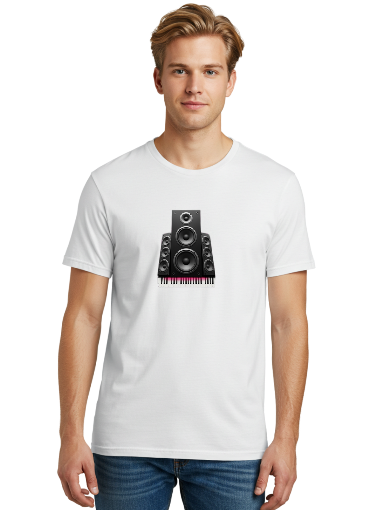 Speakers-And-Piano-Keys Men'S Graphic Tee, 100% Cotton, Comfortable Casual Summer Wear, Machine Washable, Speaker System, Audio Equipment, Sound Technology, Music Production, Home Theater, Sound Waves, Music Keys, Piano Keyboard, Bad677