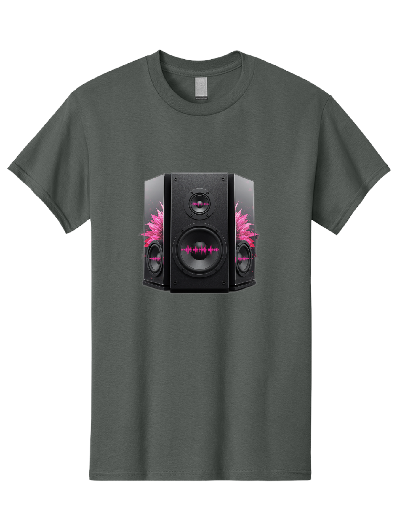 Speakers-With-Pink-Sound-Waves Men'S Graphic Tee, 100% Cotton, Comfortable Casual Summer Wear, Machine Washable, High-Quality Sound Systems, Sleek Designs, Speaker Customization, Vibrant Pink Graphics, Music Technology, Sound Waves Bad678