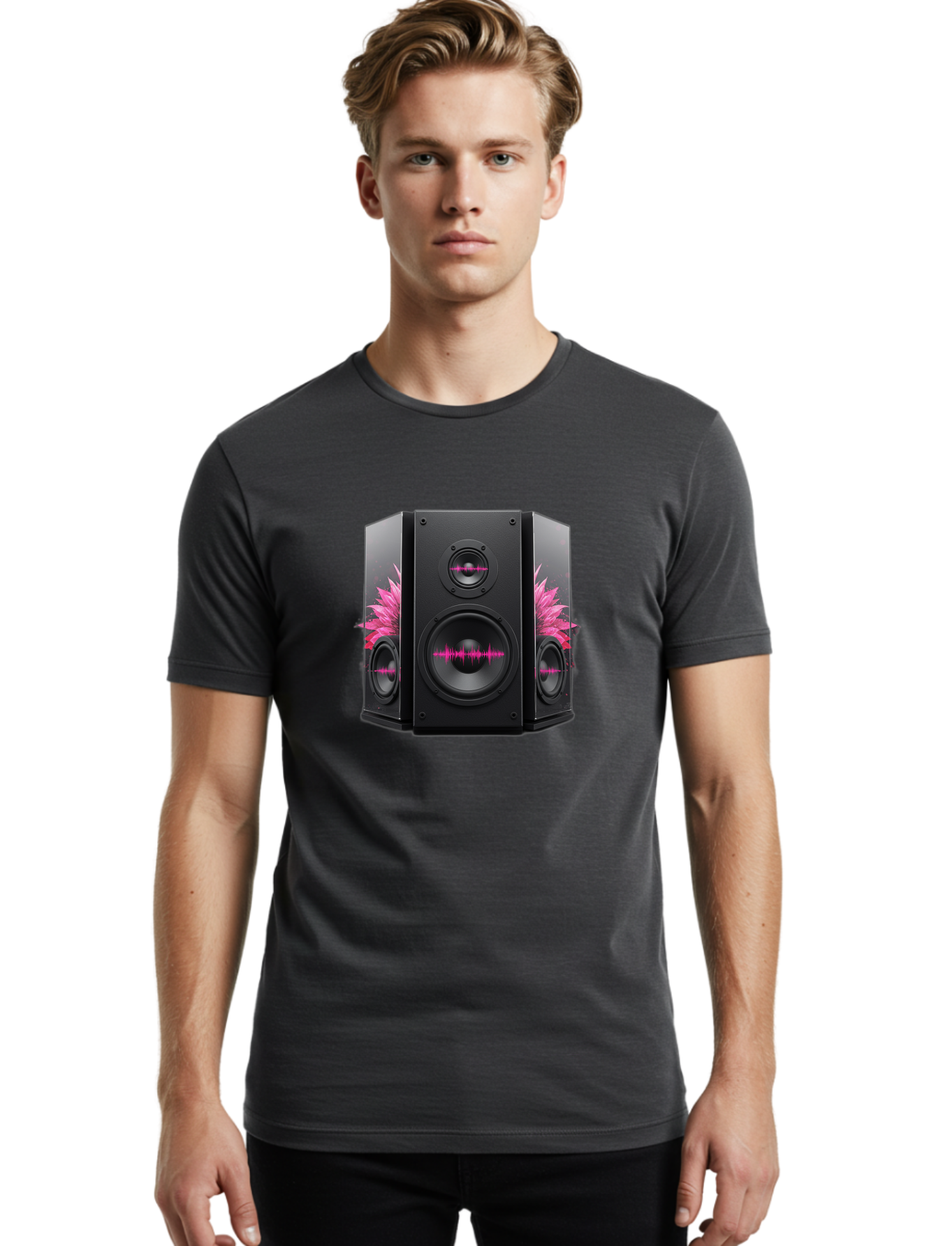 Speakers-With-Pink-Sound-Waves Men'S Graphic Tee, 100% Cotton, Comfortable Casual Summer Wear, Machine Washable, High-Quality Sound Systems, Sleek Designs, Speaker Customization, Vibrant Pink Graphics, Music Technology, Sound Waves Bad678