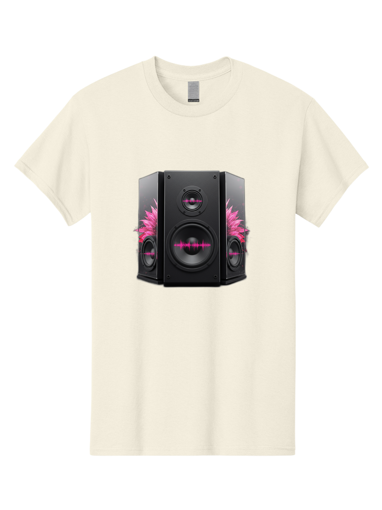 Speakers-With-Pink-Sound-Waves Men'S Graphic Tee, 100% Cotton, Comfortable Casual Summer Wear, Machine Washable, High-Quality Sound Systems, Sleek Designs, Speaker Customization, Vibrant Pink Graphics, Music Technology, Sound Waves Bad678