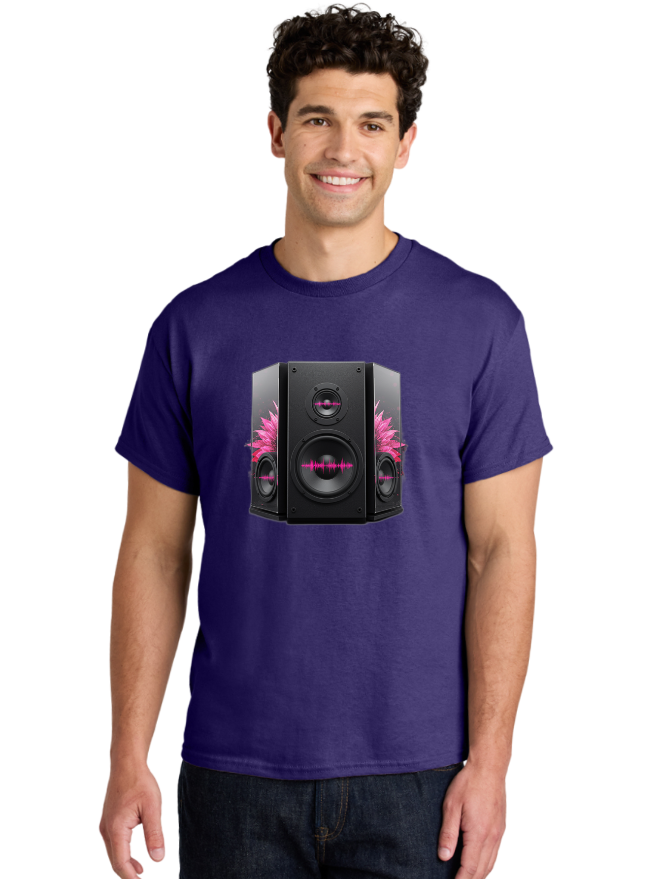 Speakers-With-Pink-Sound-Waves Men'S Graphic Tee, 100% Cotton, Comfortable Casual Summer Wear, Machine Washable, High-Quality Sound Systems, Sleek Designs, Speaker Customization, Vibrant Pink Graphics, Music Technology, Sound Waves Bad678