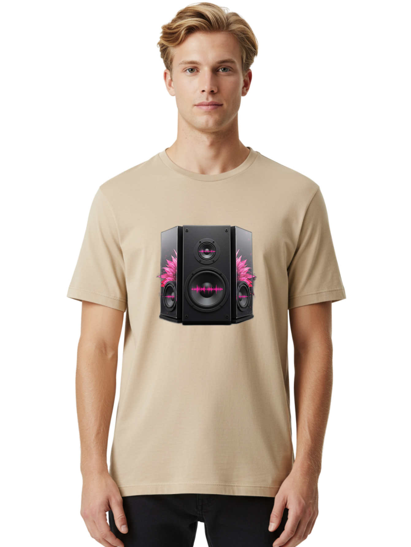 Speakers-With-Pink-Sound-Waves Men'S Graphic Tee, 100% Cotton, Comfortable Casual Summer Wear, Machine Washable, High-Quality Sound Systems, Sleek Designs, Speaker Customization, Vibrant Pink Graphics, Music Technology, Sound Waves Bad678