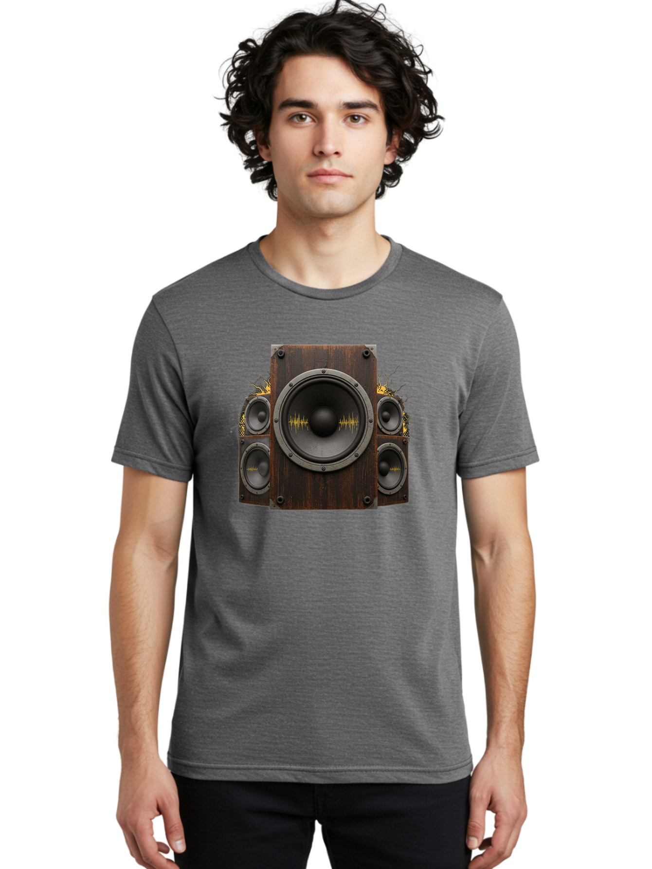 Speakers-With-Soundwaves Men'S Graphic Tee, 100% Cotton, Comfortable Casual Summer Wear, Machine Washable, Wooden Speakers, Sound Waves, Audio Equipment, Music Technology, Sound System, Vibrant Sound, Dynamic Audio Bad679