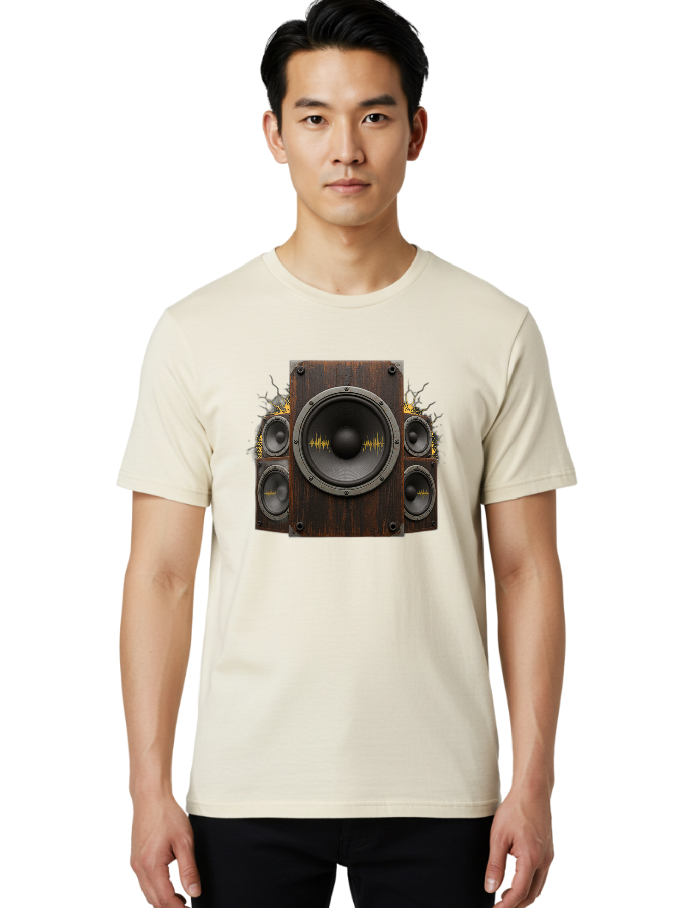 Speakers-With-Soundwaves Men'S Graphic Tee, 100% Cotton, Comfortable Casual Summer Wear, Machine Washable, Wooden Speakers, Sound Waves, Audio Equipment, Music Technology, Sound System, Vibrant Sound, Dynamic Audio Bad679