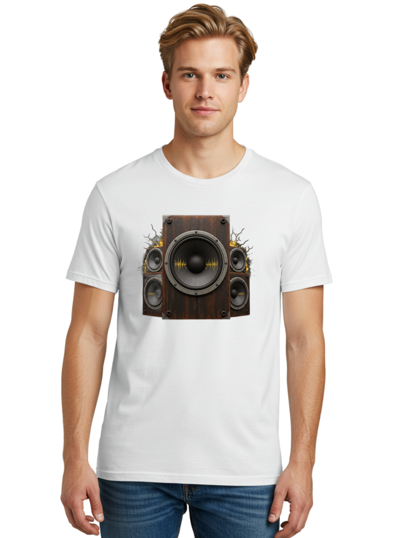 Speakers-With-Soundwaves Men'S Graphic Tee, 100% Cotton, Comfortable Casual Summer Wear, Machine Washable, Wooden Speakers, Sound Waves, Audio Equipment, Music Technology, Sound System, Vibrant Sound, Dynamic Audio Bad679