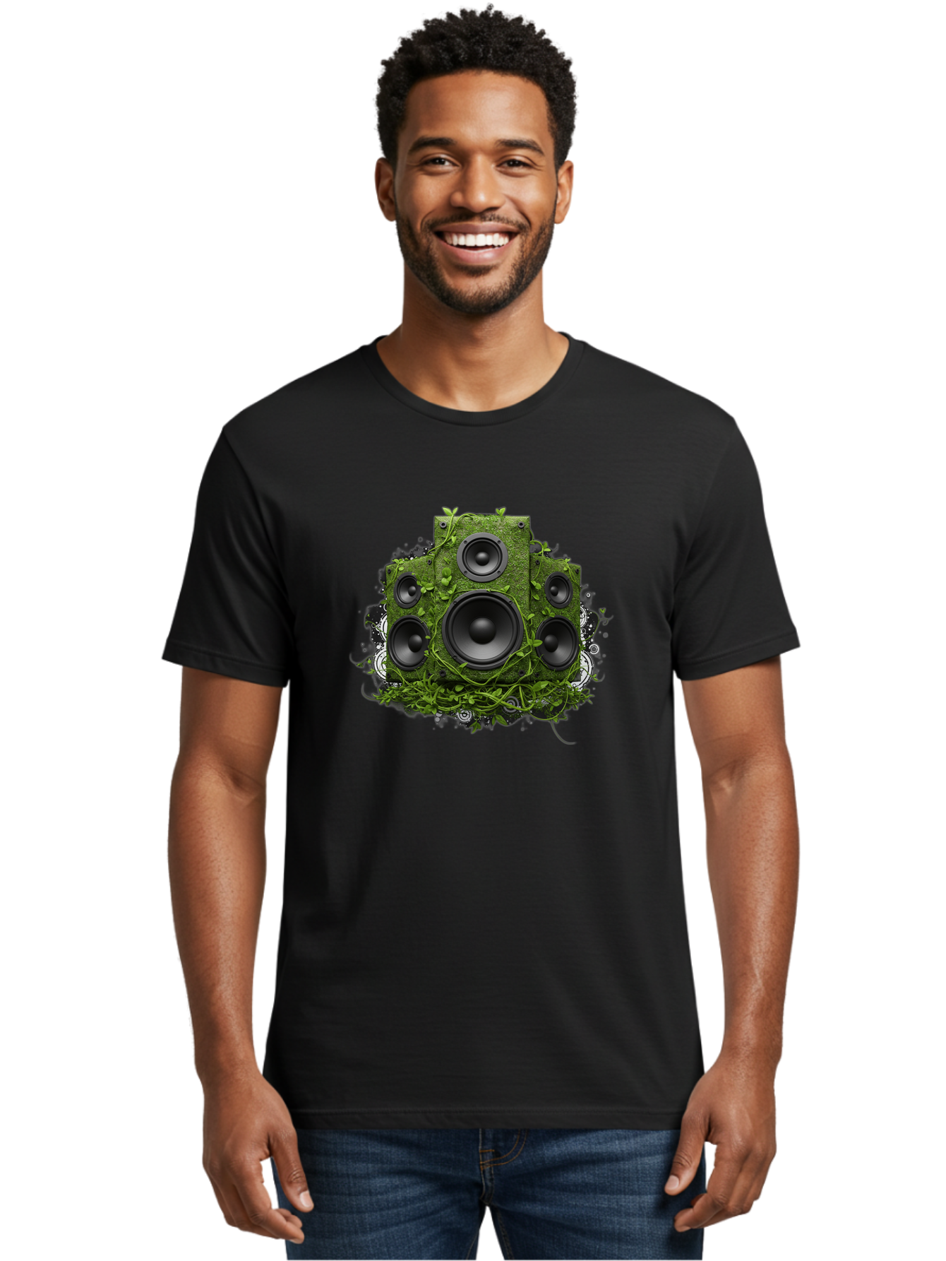 Speakers Men'S Graphic Tee, 100% Cotton, Comfortable Casual Summer Wear, Machine Washable, Grunge Sound System, Vintage Speaker, Overgrown With Vines, Eco-Friendly Audio, Retro Tech, Wild Outdoor Sound, Abstract Art Bad680