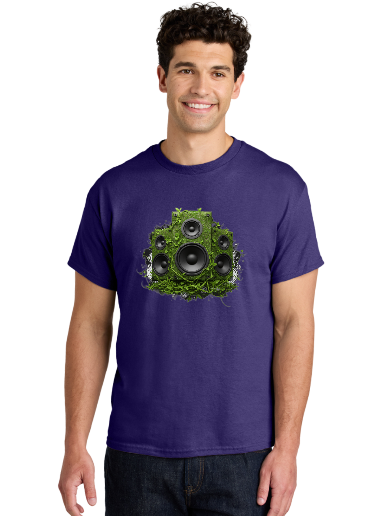 Speakers Men'S Graphic Tee, 100% Cotton, Comfortable Casual Summer Wear, Machine Washable, Grunge Sound System, Vintage Speaker, Overgrown With Vines, Eco-Friendly Audio, Retro Tech, Wild Outdoor Sound, Abstract Art Bad680