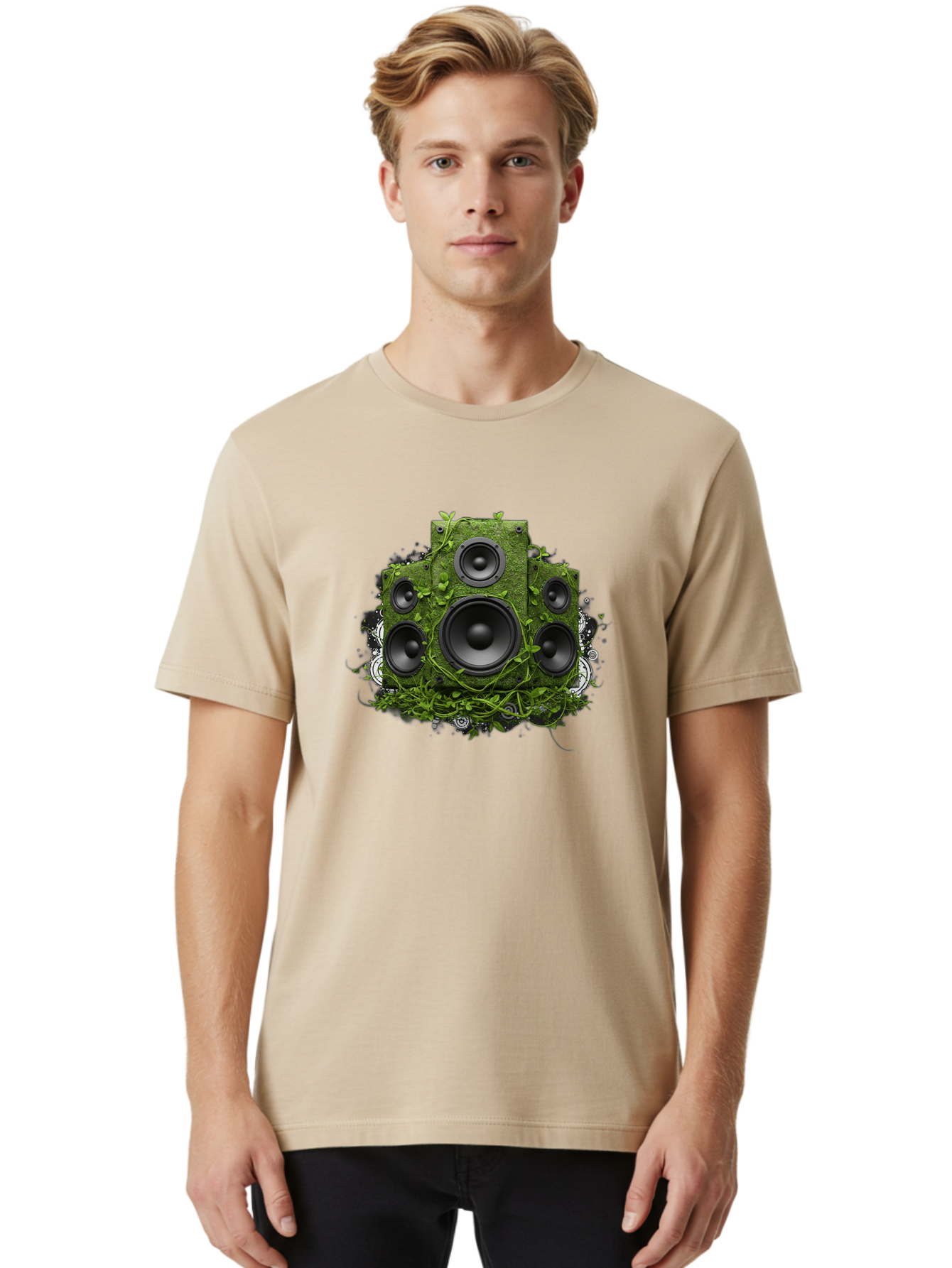 Speakers Men'S Graphic Tee, 100% Cotton, Comfortable Casual Summer Wear, Machine Washable, Grunge Sound System, Vintage Speaker, Overgrown With Vines, Eco-Friendly Audio, Retro Tech, Wild Outdoor Sound, Abstract Art Bad680